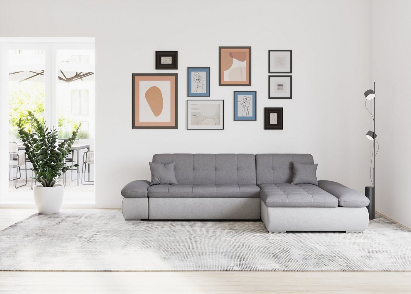 DOMO collection Ecksofa MORIC 300x172 cm, XXL-Sofa mit viel Platz, L-Form, auch in Cord, wahlweise mit Bettfunktion und Armteilverstellung, silber-grau