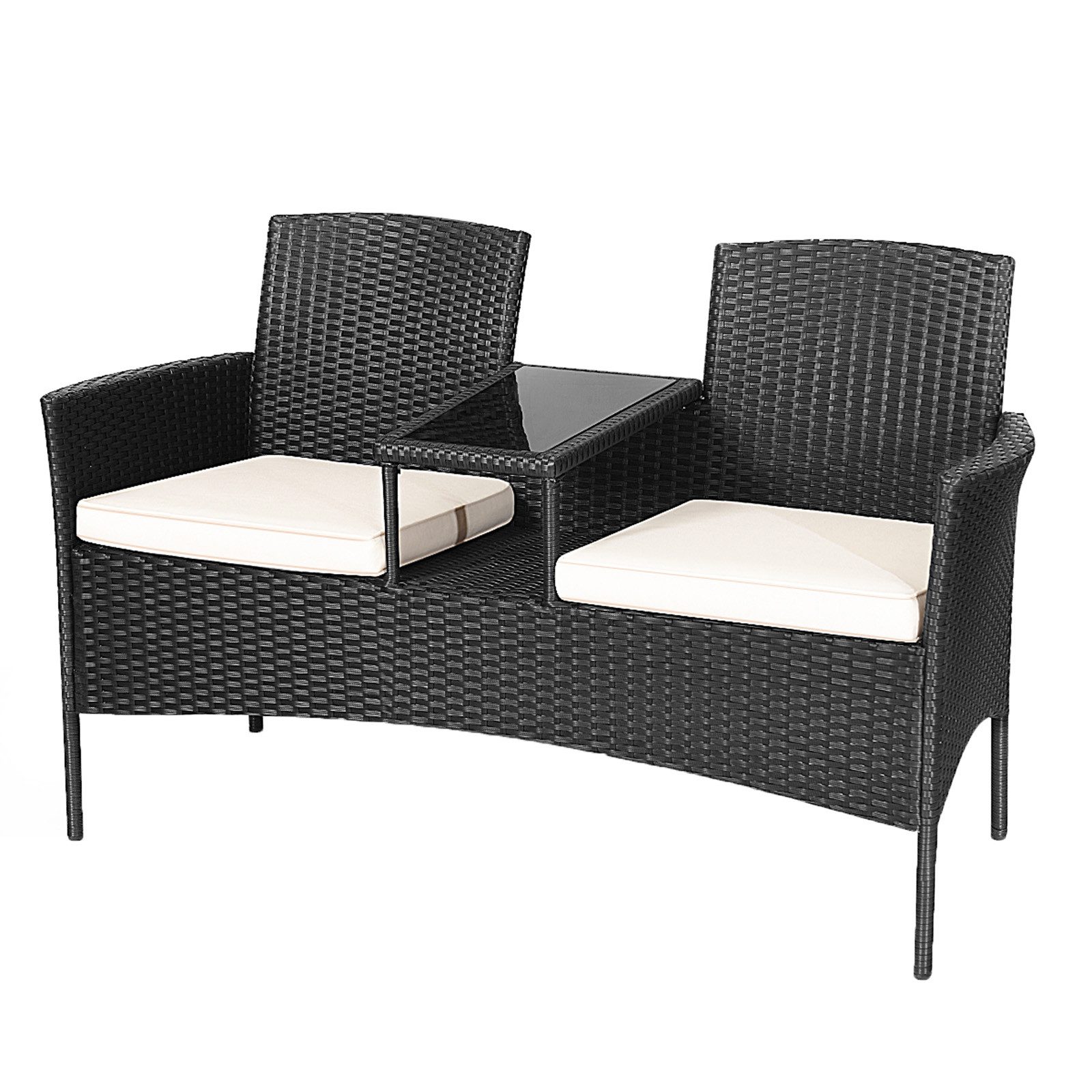 KOMFOTTEU Gartenbank mit Tisch (2 Sitzkissen), 2-Sitzer Bank mit Kissen & Rücklehne