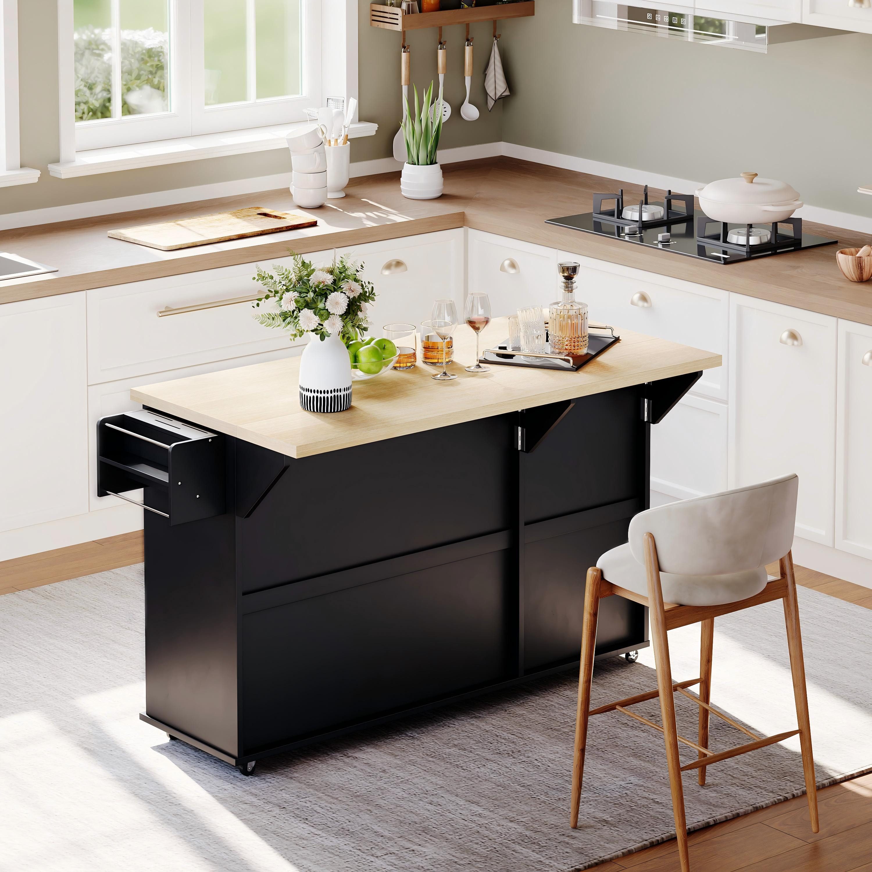 Flieks Küchenwagen Kücheninsel mit erweiterbarer Arbeitsplatte, Türregal und Rollen, (1 St), Servierwagen Küchenschrank Buffetschrank mit Schubladen Schwarz – Bild 3 von 5