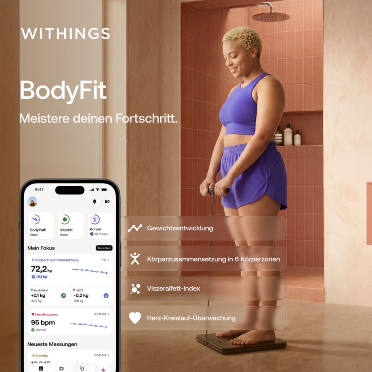 Withings Körper-Analyse-Waage Withings BodyFit: Smarte Körperwaage mit 40+ Biomarkern, 99 % DEXA-Genauigkeit • Stoffwechselbewertung • Kostenlose App – Bild 3 von 5
