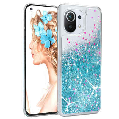 EAZY CASE Handyhülle Liquid Glittery Case für Xiaomi Mi 11 5G 6,81 Zoll, Gloss Slimcover Girly Backcover Bling Phone Case kratzfeste Cover Blau