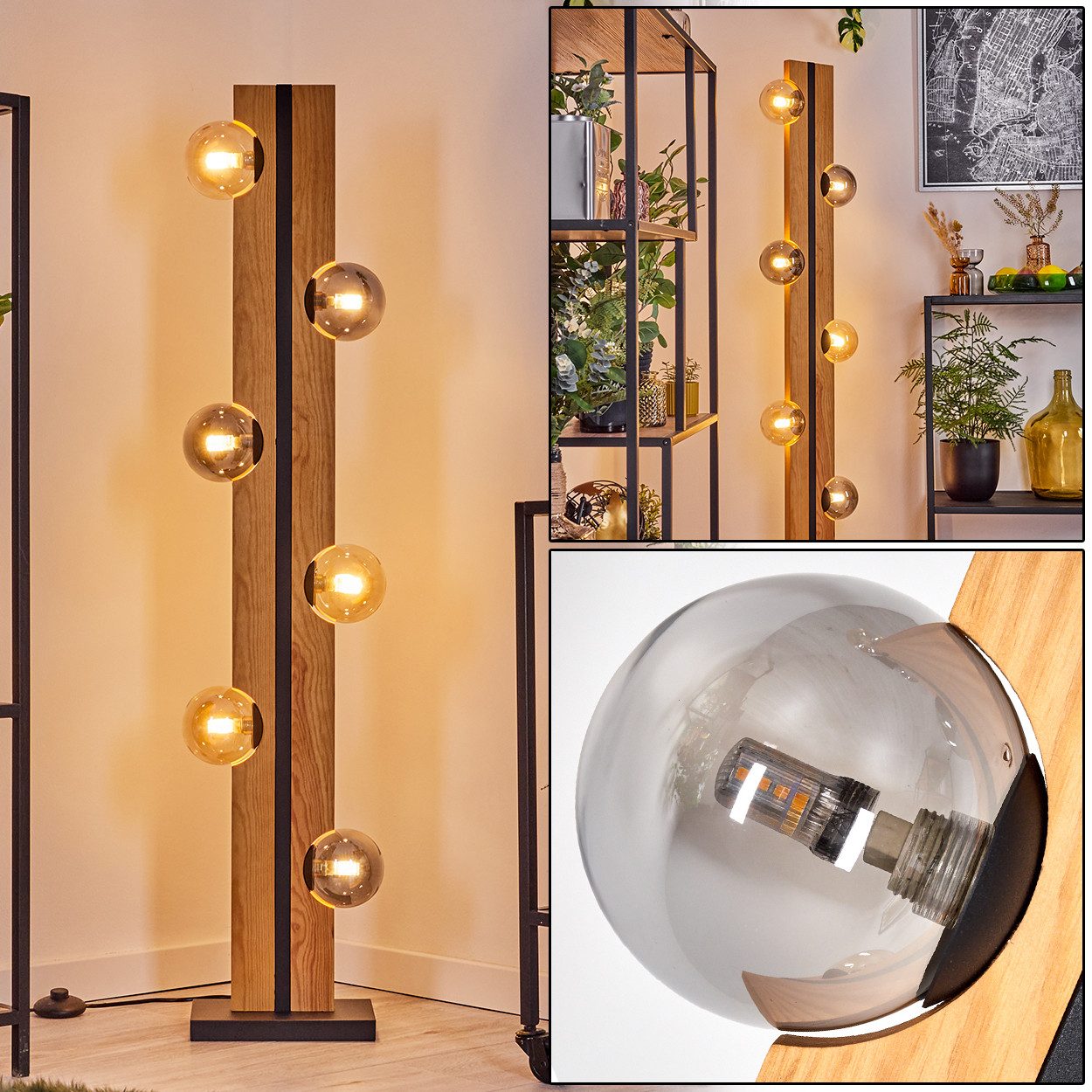 hofstein Stehlampe Stehlampe aus Holz/Metall/Glas in Natur/Schwarz/Bernstein/Rauch, ohne Leuchtmittel, Stehleuchte im Retro/Vintage-Design mit Glasschirmen, 120 cm, 6 x G9