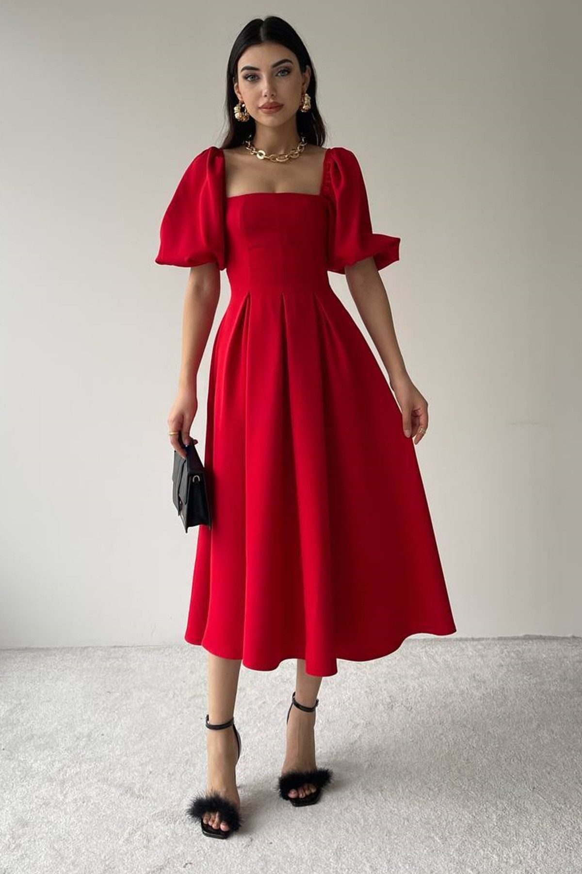 WOMAN VISION Midikleid WOMAN VISION Midi-Kleid mit Puffärmeln und Carré-Ausschnitt