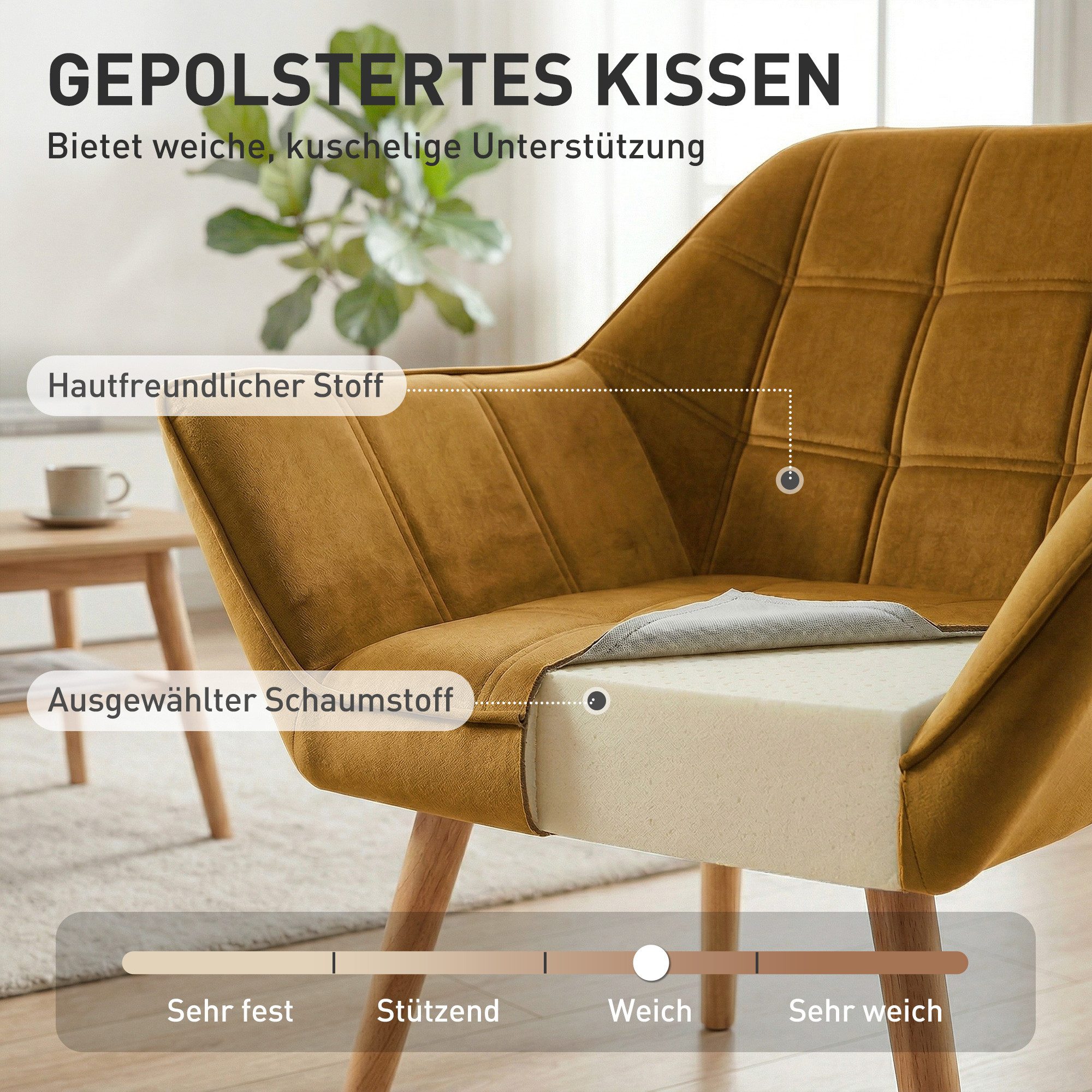 HOMCOM Relaxsessel Sessel mit Gummiholzbeine, Lesesessel Samtoptik, skandinavisch (Esszimmerstuhl, 1-St., Stuhl), für Wohnzimmer, Schlafzimmer, Gelb – Bild 4 von 5