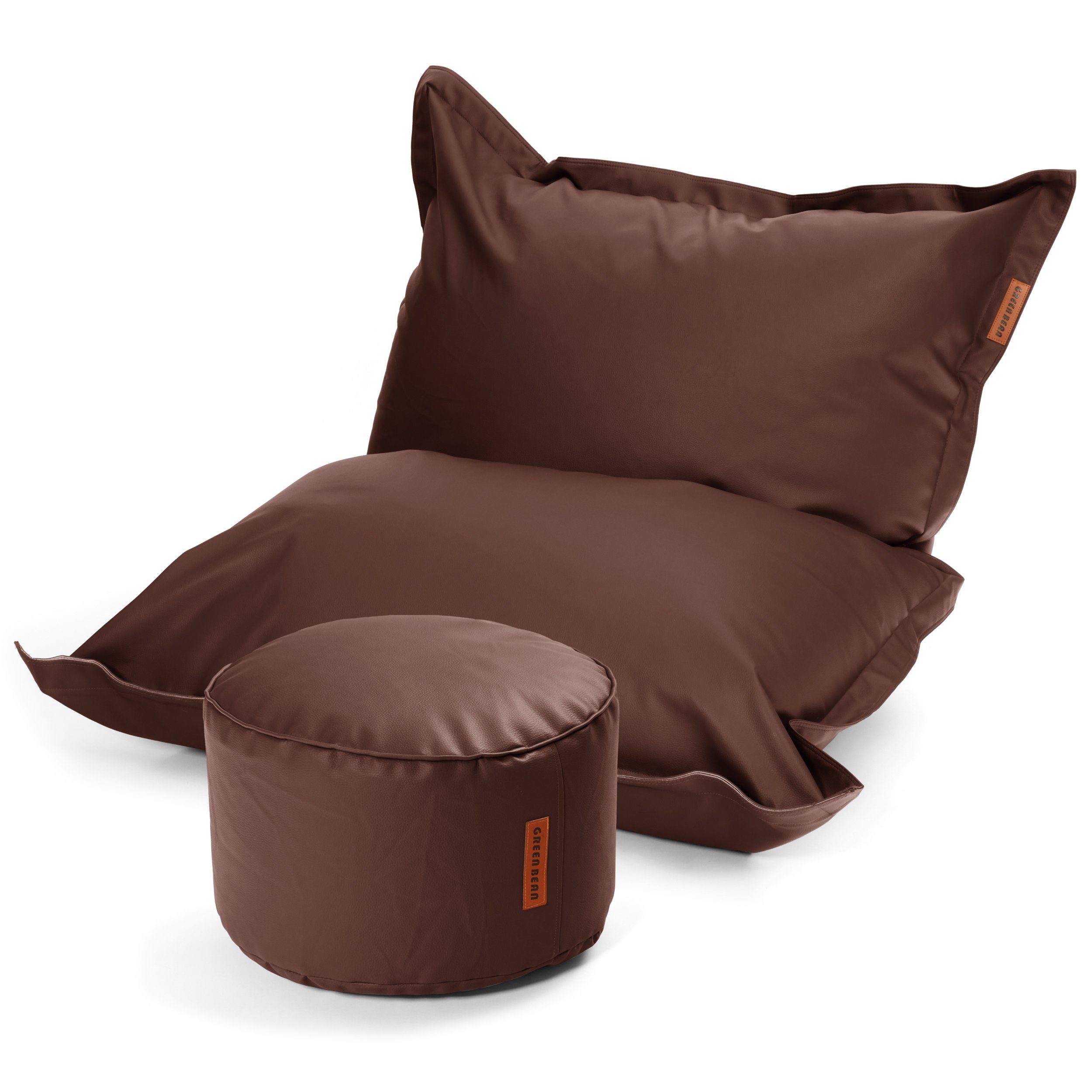 Green Bean Sitzsack XXL inklusive Pouf als Set aus Kunstleder (Indoor & Outdoor, abwaschbarer Bezug, mit), EPS Perlen Füllung ca. 180x140cm - Couch Kissen Riesensitzsack Lounge