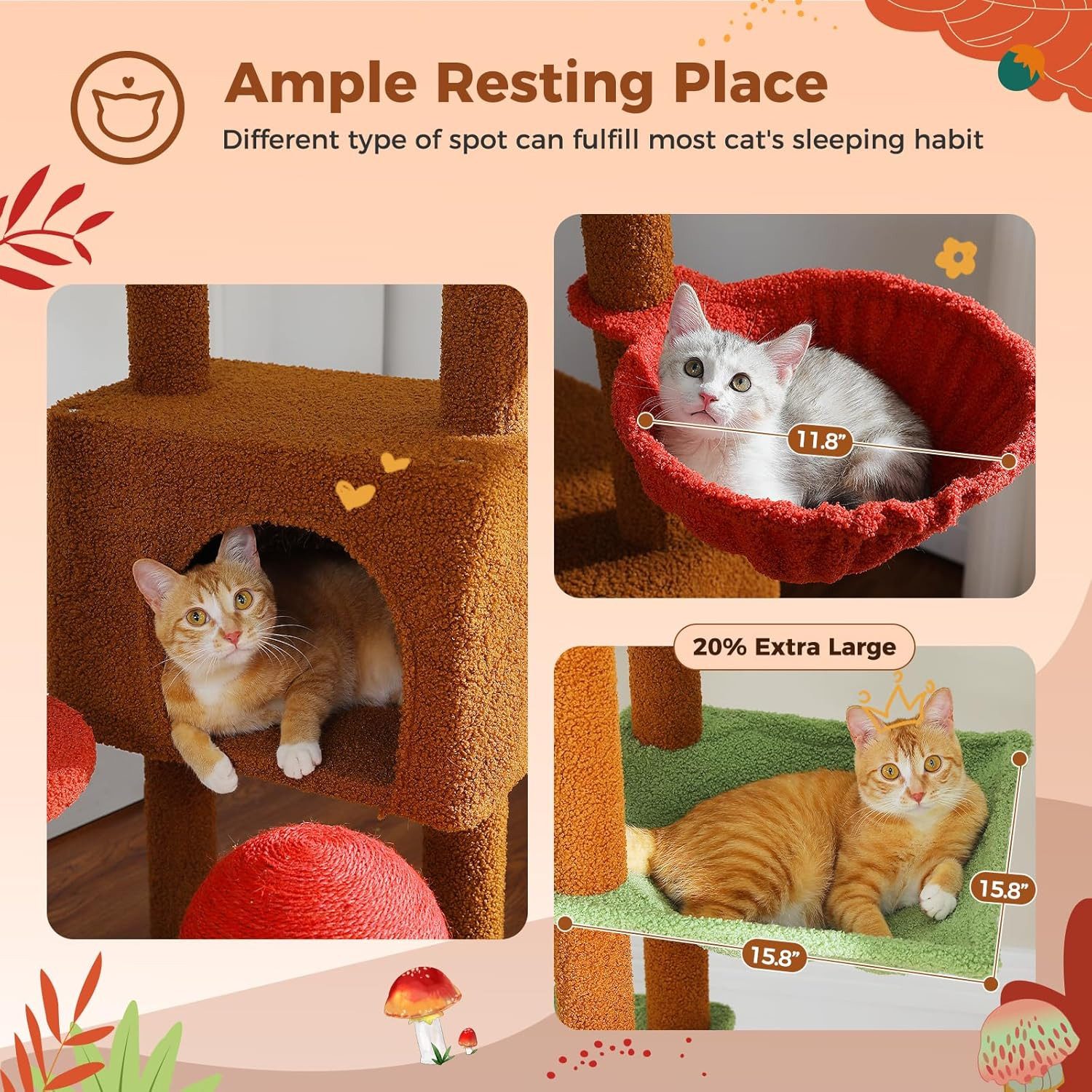 Purpurra Kratzbaum Höhenverstellbar mit Blättern/Champignon, Hängematte, 135/ 230 cm