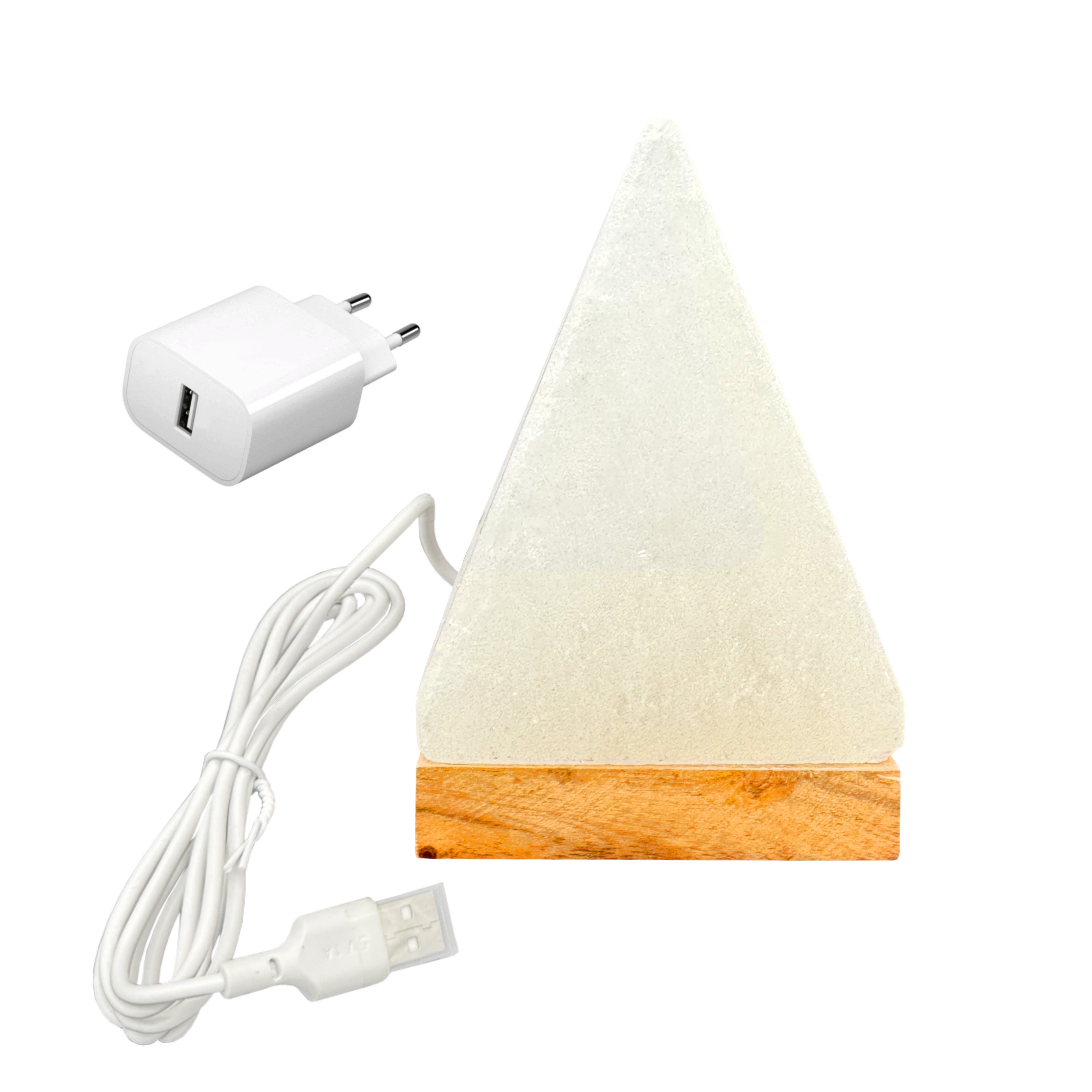 HAF LED Nachttischlampe LED Beleuchtete USB Salzlampe PYRAMIDE Weiß Kristallsalz + Holzsockel, LED, Weiß, Als Tischlampe für Büro & Schlafzimmer