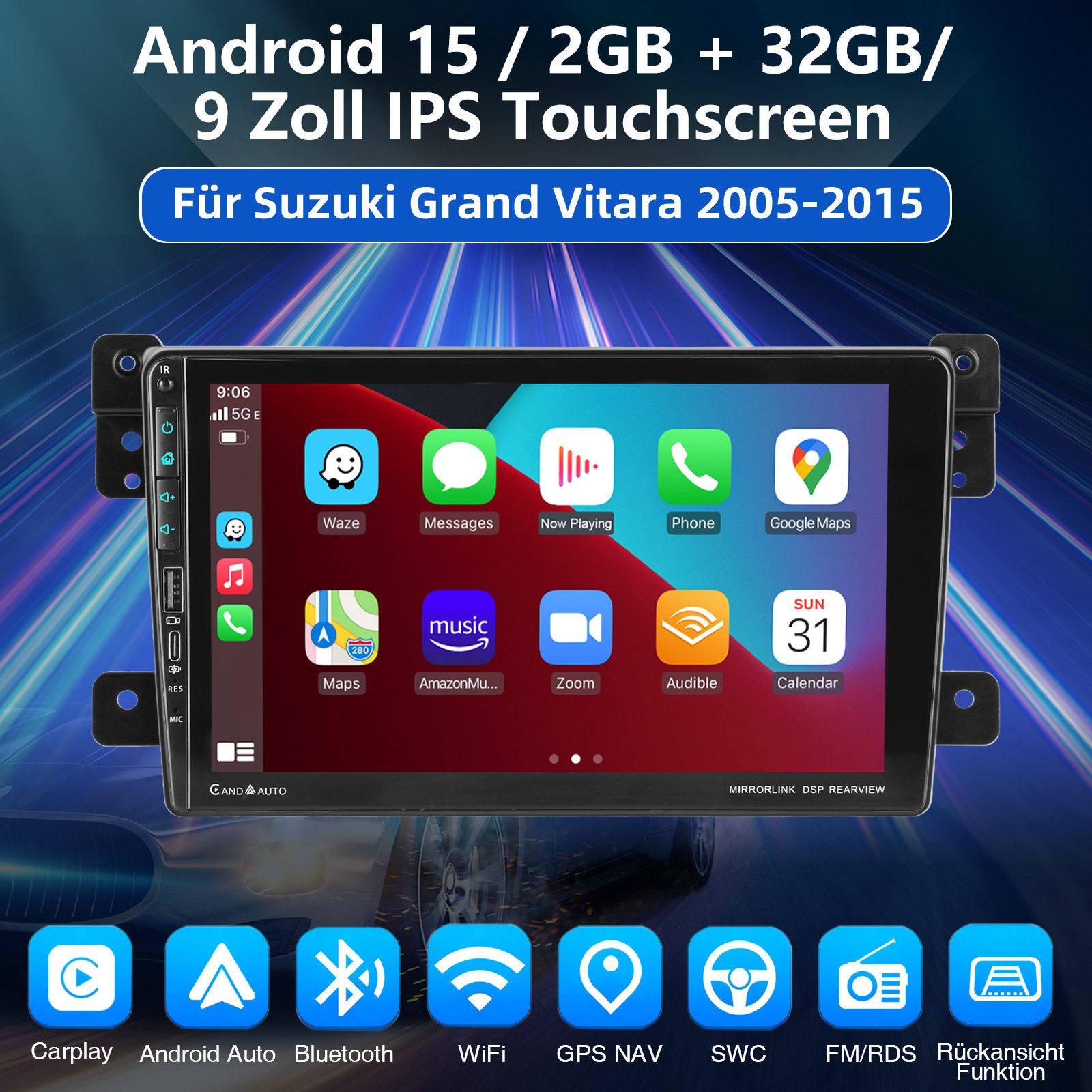 ESSGOO Android15 AutoRadio für Suzuki Grand Vitara 2005-15 mit USB und Type-C Autoradio (Digitalradio (DAB), 4+64GB(optional), RDS, AM, FM, Apple Carplay Android Auto GPS Navi WIFI BT EQ)
