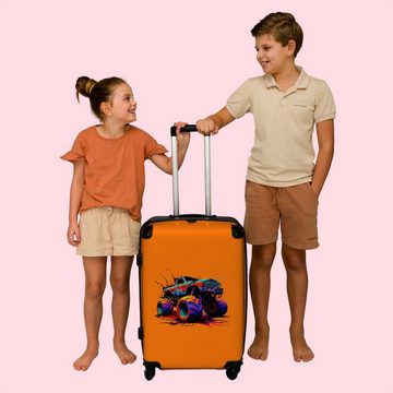 NoBoringSuitcases.com© Koffer Monstertruck - Neon - Farbe - Orange 67x43x25cm, 4 Rollen, Mittelgroßer Koffer für Jungen, Kinder Trolley