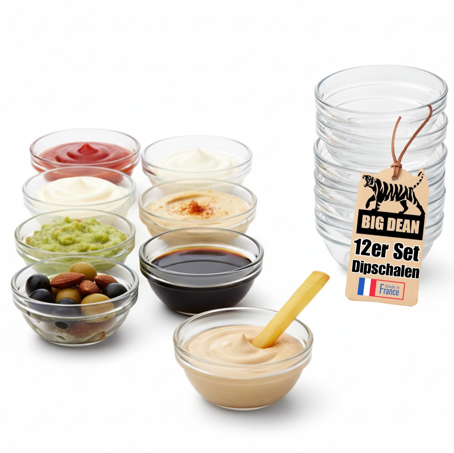 BigDean Dipschale stapelbar Made in France 6cm, Glas, (Set, 12-tlg), Hochwertiges, gehärtetes Glas, Stapelbar, Spülmaschinengeeignet