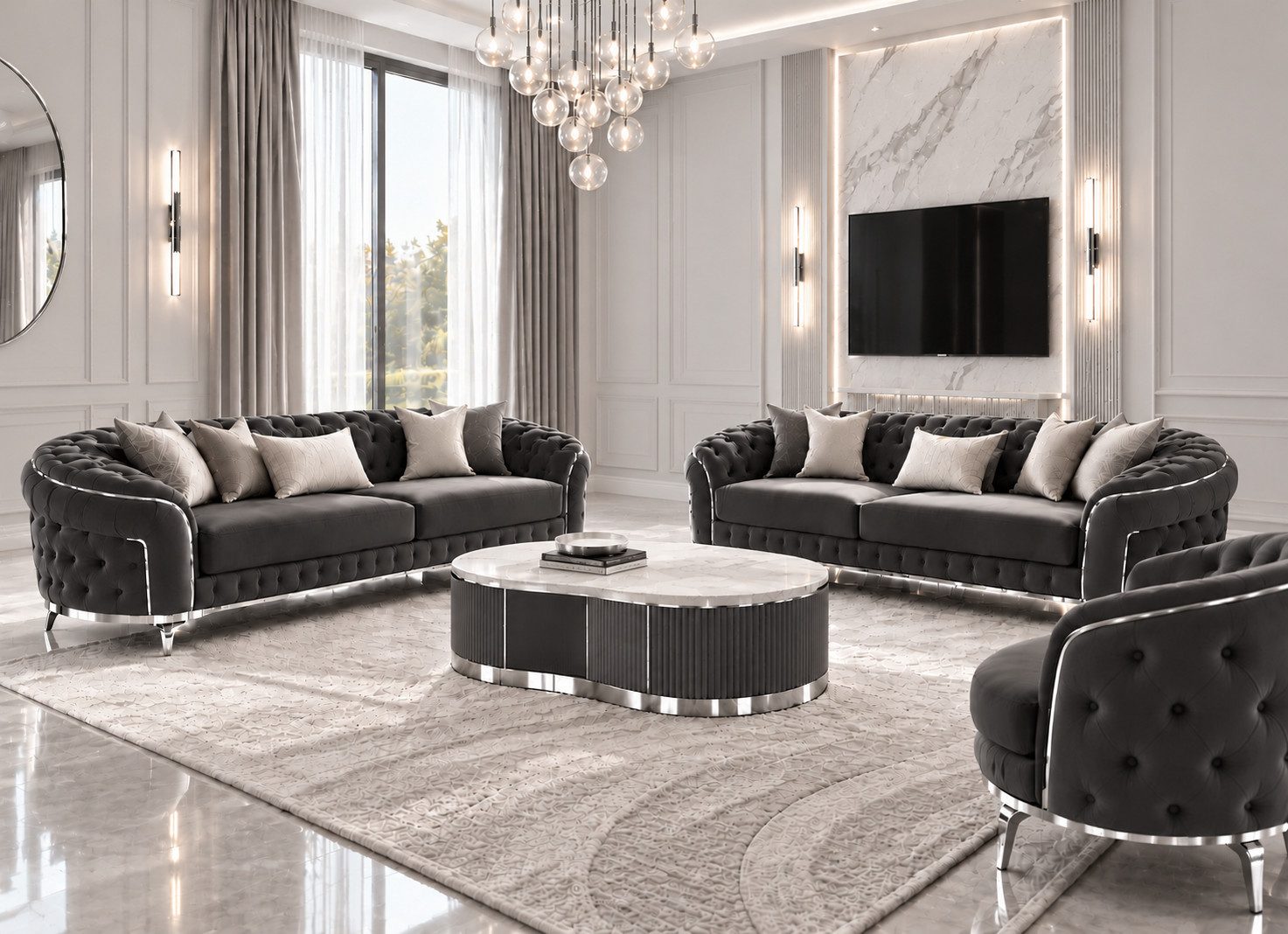 Palms-Store Sofa MONACO Sofagarnitur 3+3+1 Sofa-Set aus Samt mit Knopfheftung Chrom, Spar-Set, Made in Turkey