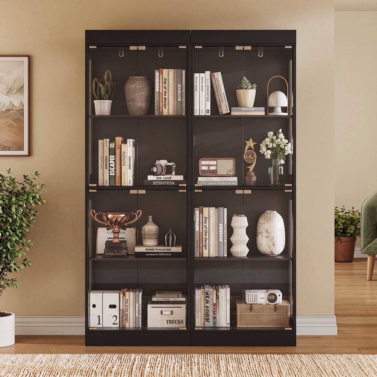 SVEYLXA Vitrine Beleuchtete LED Vitrine mit Glastüren & Regalen in Weiß/Schwarz (1-St) für Wohnzimmer, Küche & Bad, 60×30×178cm – Bild 3 von 5