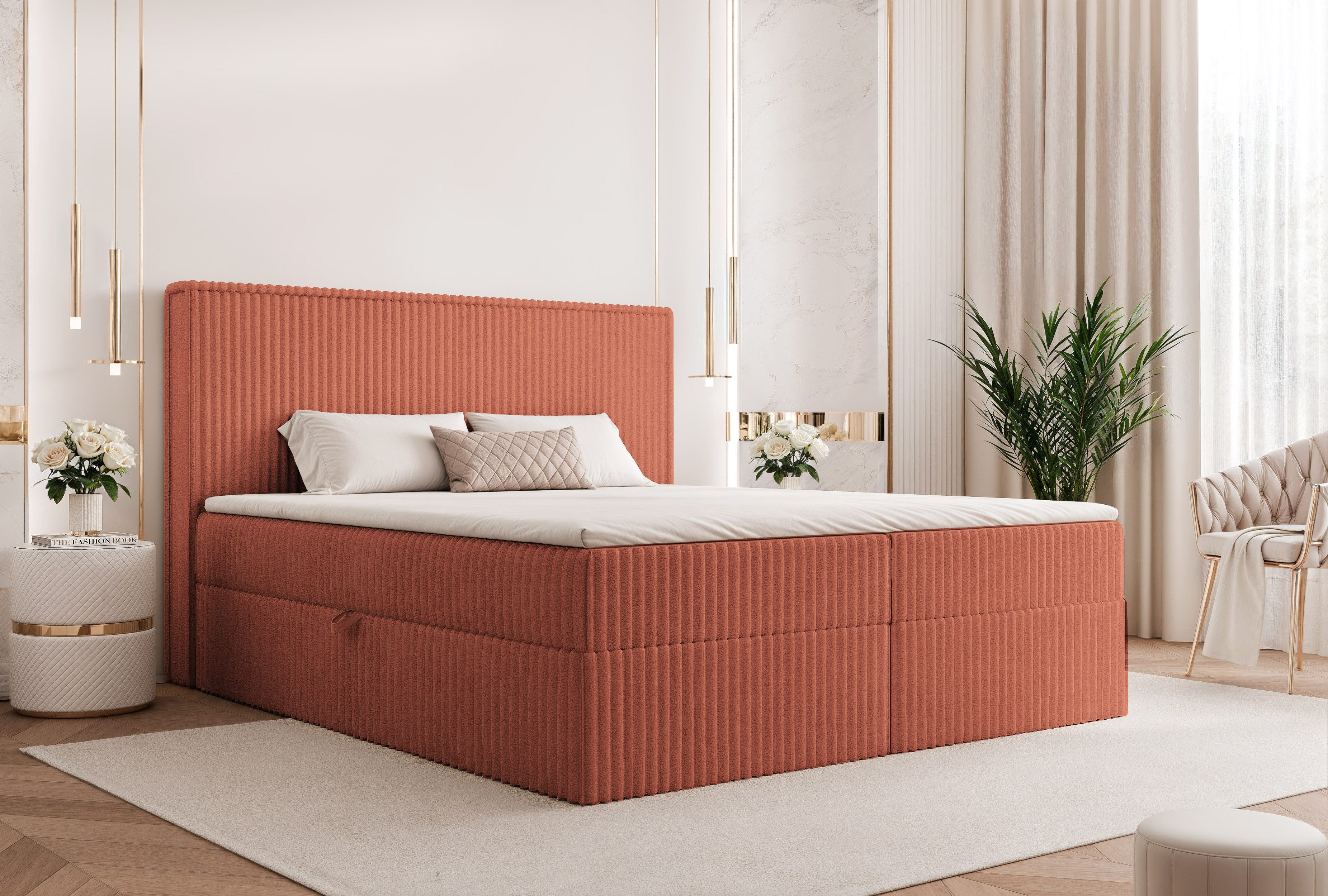 Goldstoff Boxspringbett Modernes Komfortbett mit Stauraum & stilvollem Kopfteil