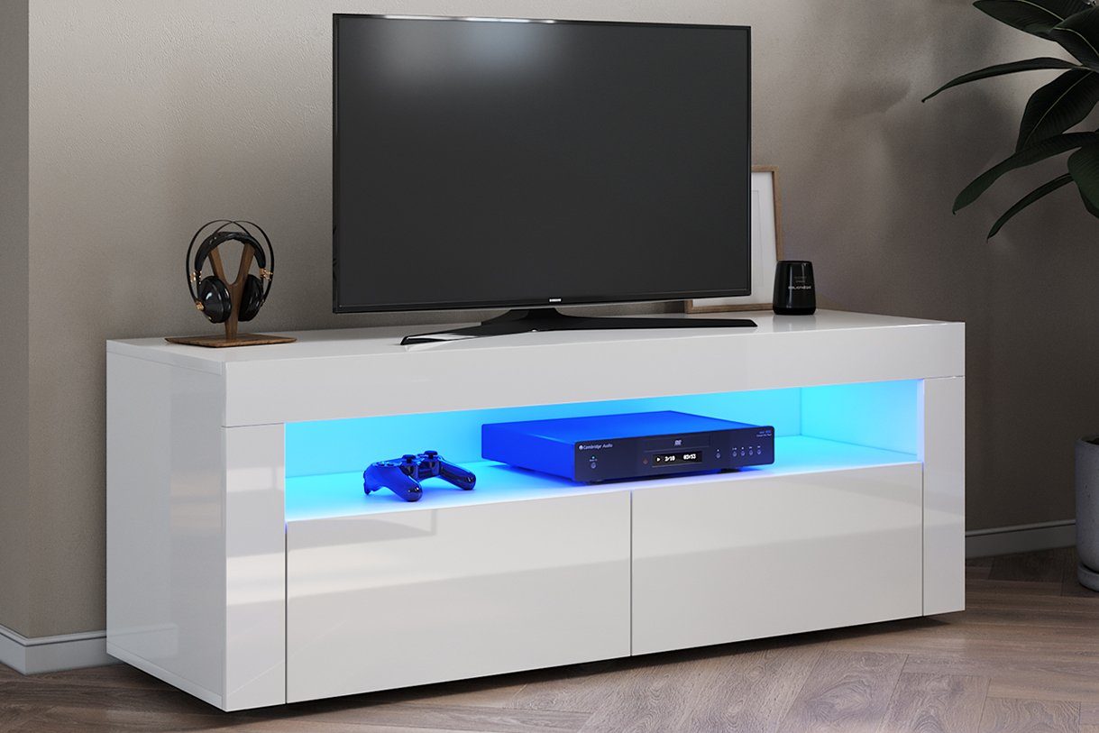 SONNI Lowboard TV Schrank Weiß Hochglanz mit LED-Beleuchtung Breite:120/130/135/155cm,  sideboards, tv schrank in wohnzimmer, Lowboard