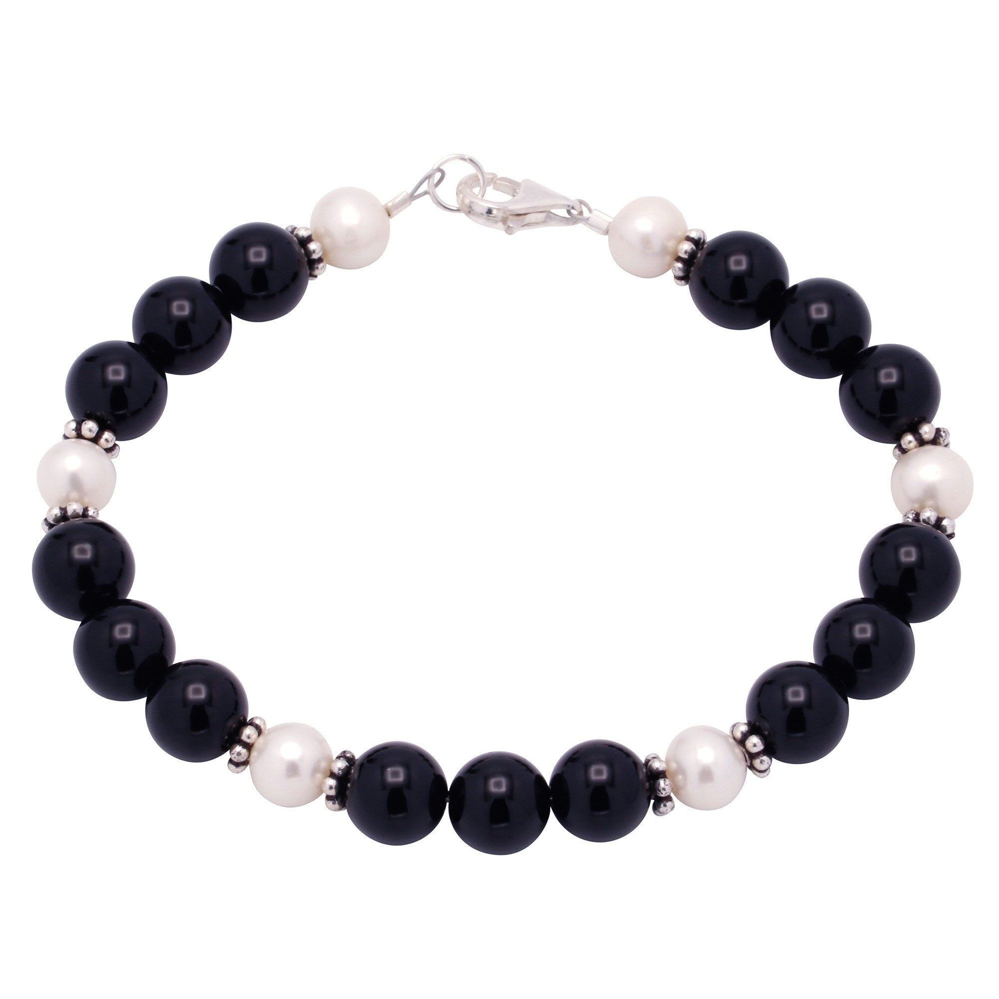Silberarmband Armband aus Onyx, Süßwasserperlen & 925 Silber