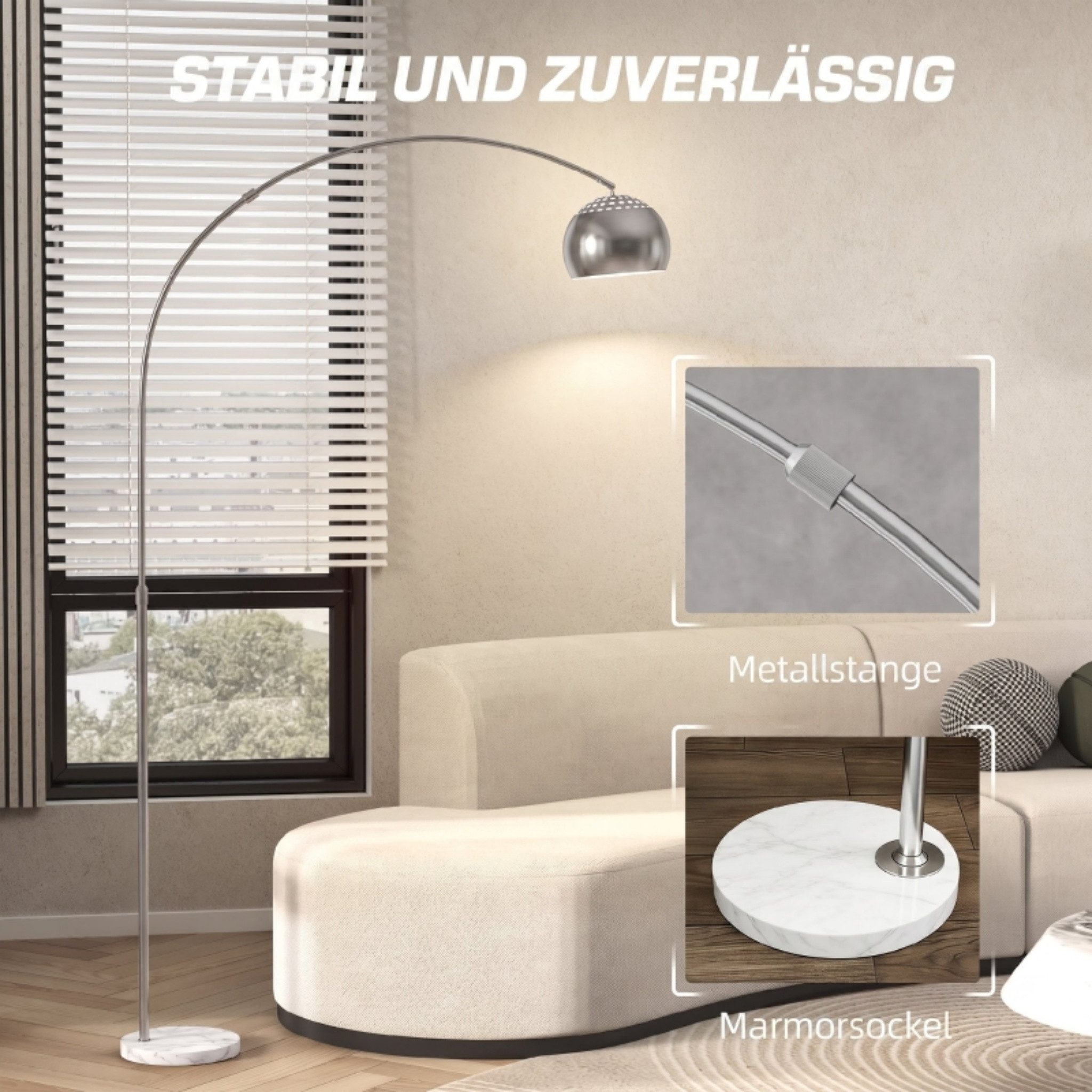 Blossom Bogenlampe Stehlampe Wohnzimmer mit Marmorsockel, verstellbarer Lampenschirm, mit verstellbarer Lampenschirm, E27-Fassung, Fußschalter, Silber