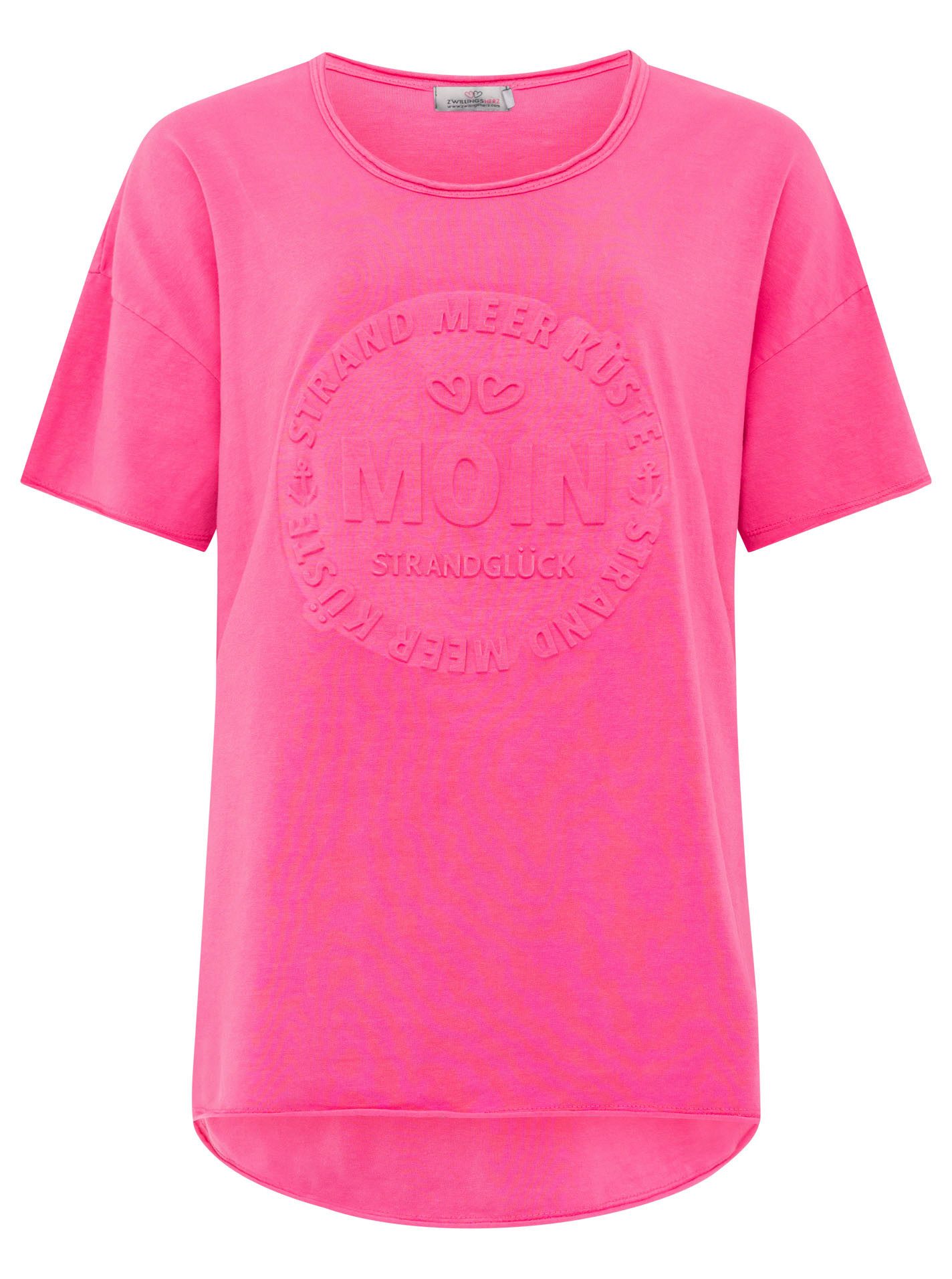 Zwillingsherz Kurzarmshirt Oversized Shirt Stempeldruck "Moin" Kurzarm, tiefer Rundhalsausschnitt, Schriftzug, Baumwollmischung