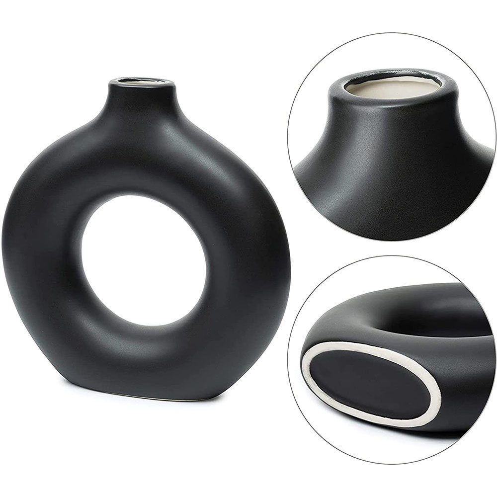 AUKUU Dekovase Dekovase Keramik Vase Pampasgras, Schwarze Vase Runde Donut Deko, Wohnzimmer für