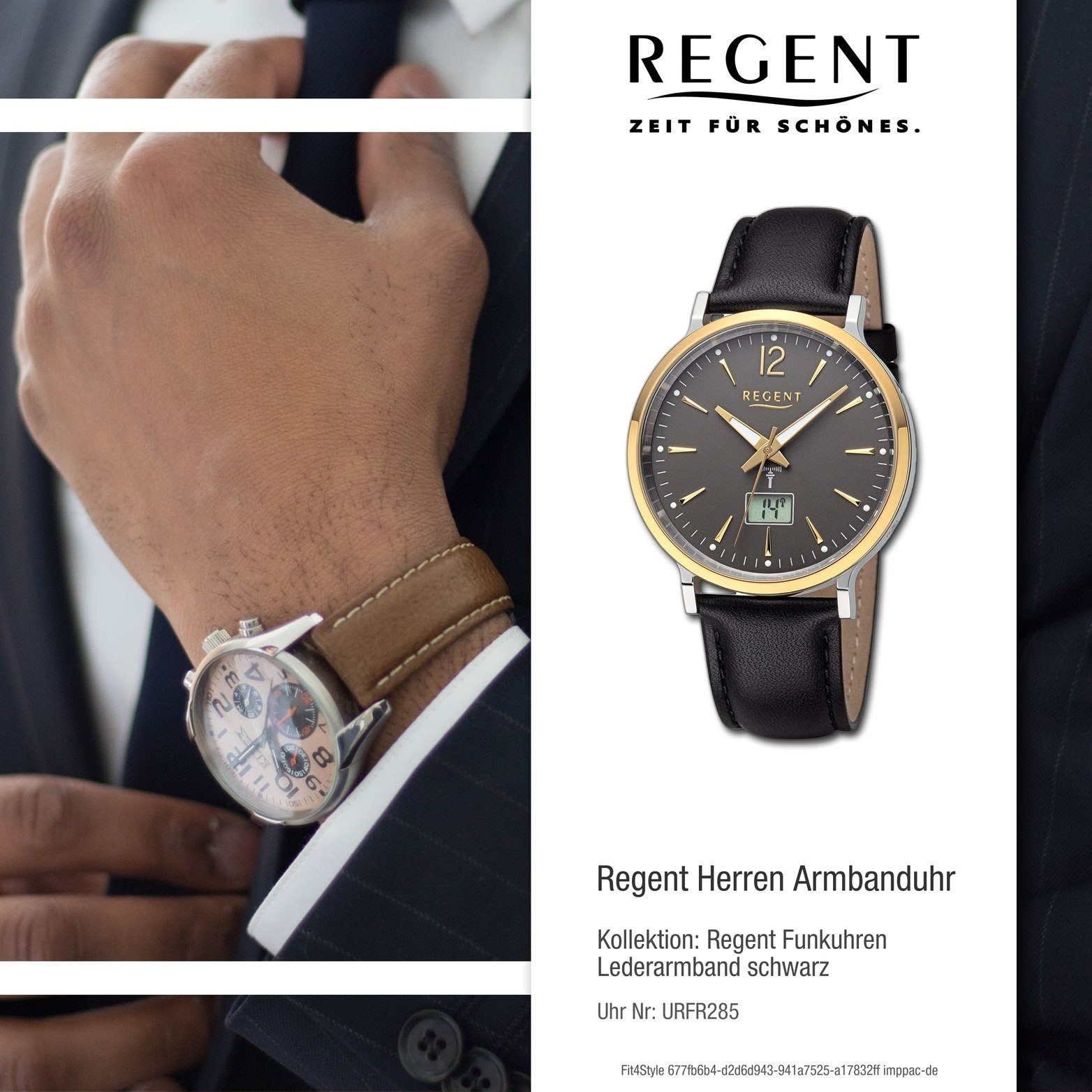 extra Regent Herren Analog-Digital, Quarzuhr rundes schwarz, (ca. Herrenuhr Gehäuse, Lederarmband Armbanduhr Regent groß 40mm)