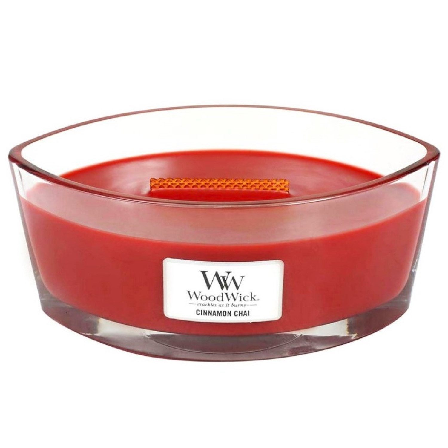 Woodwick Duftkerze Cinnamon Chai im Ellipse Glas mit Holzdeckel, 453g, Noten von würzigem Zimt und reichhaltiger Vanille