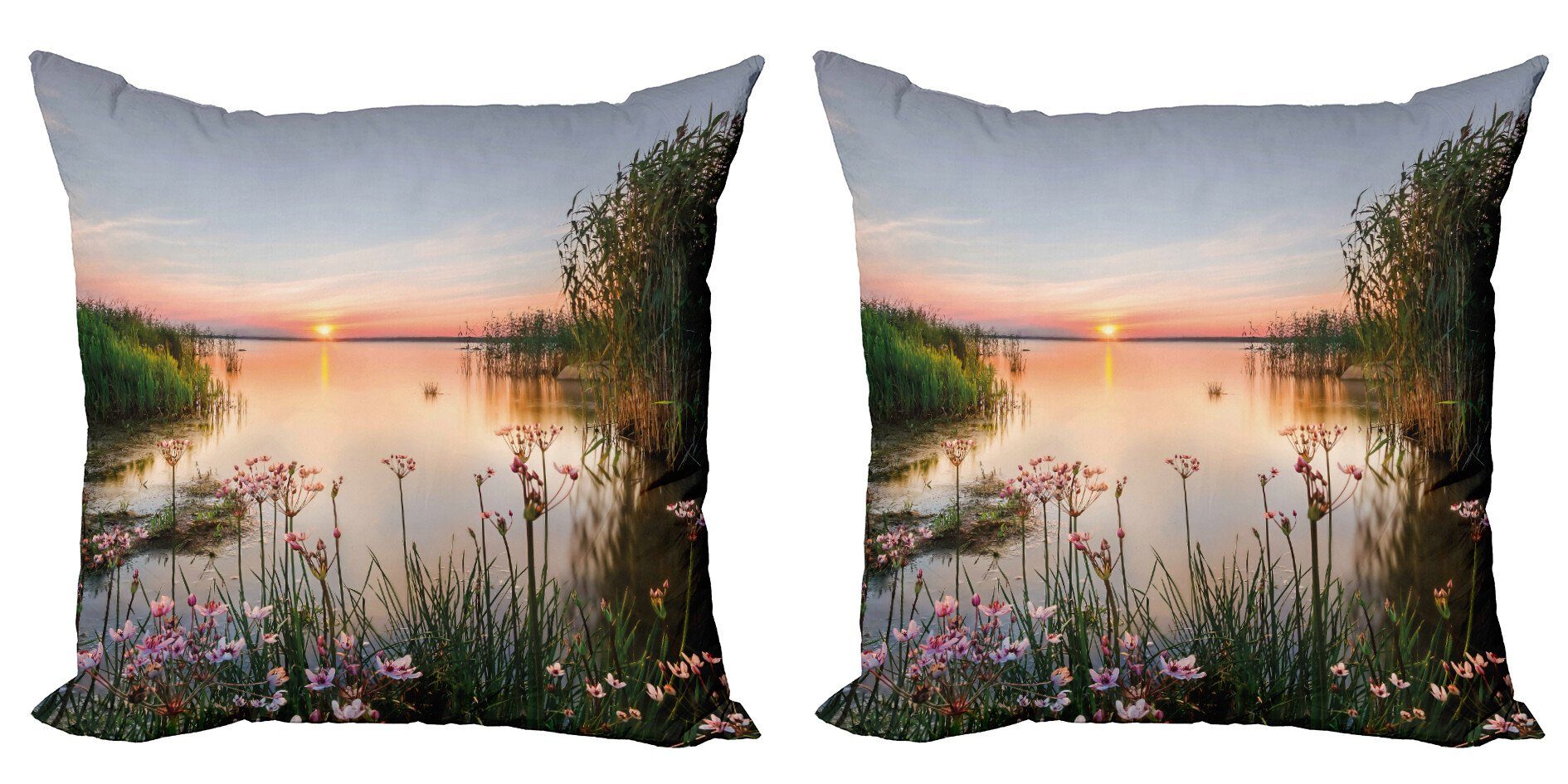 Kissenbezüge Modern Accent Doppelseitiger Digitaldruck, Abakuhaus (2 Stück), Natur Sonnenuntergang am See Chudskoy