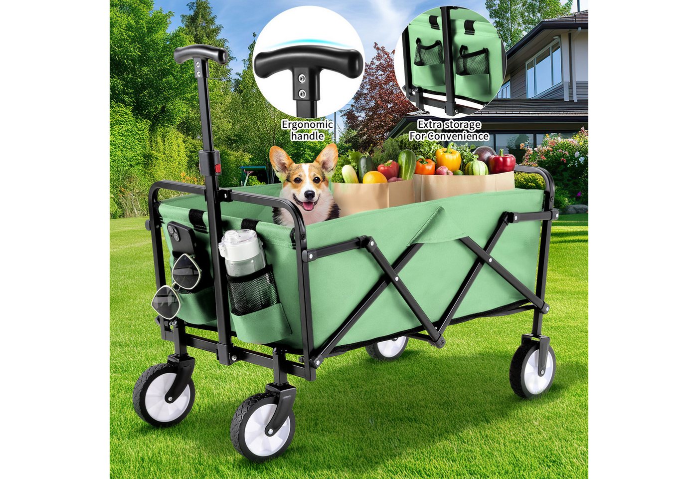 Thumbnail - TLGREEN Bollerwagen,Faltbar Handwagen, (Transportwagen klappbar Einkaufstrolley mit zwei Aufbewahrungstaschen, Campingwa...