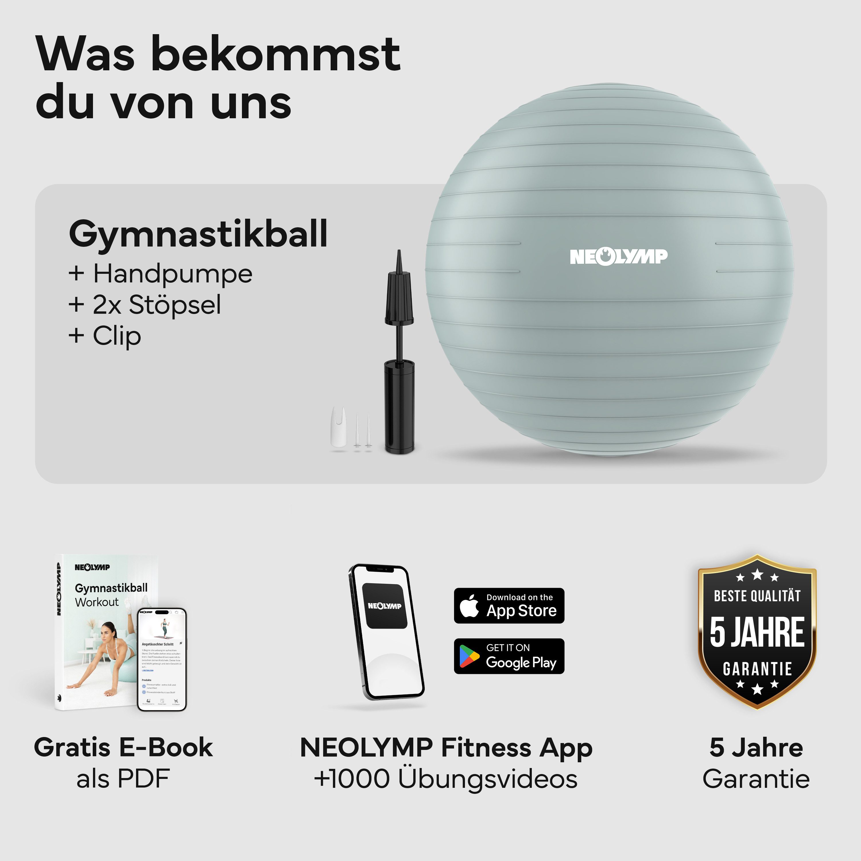 NEOLYMP Gymnastikball Sitzball Büro ergonomisch in 3 Größen S/M/L - bis 300 kg belastbar (Yoga Ball für Homeoffice, Core Training & Balance), Pilates Ball rutschfest & anti burst - Pezziball, Schwangerschaftsball