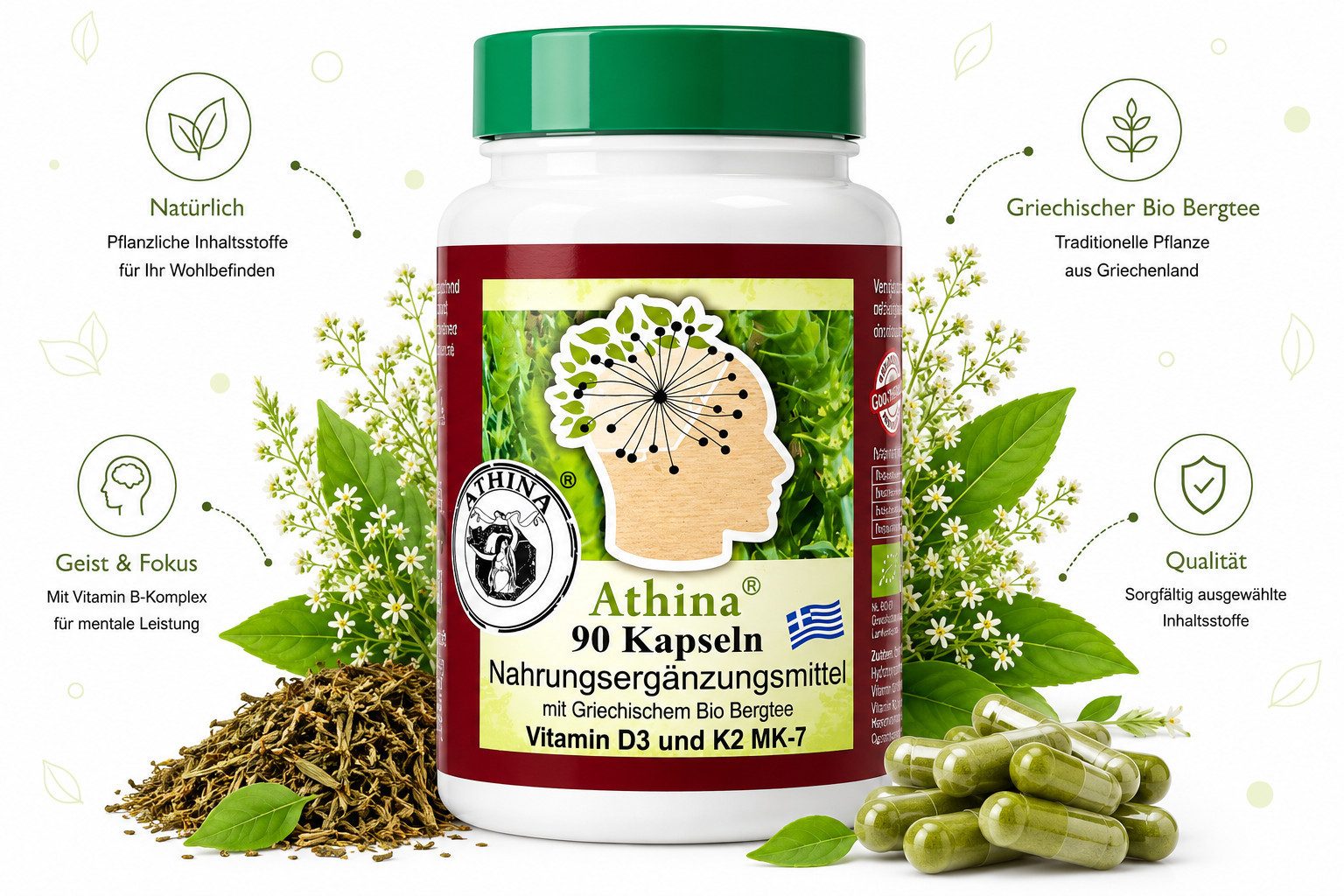 Athina Griechisches Eisenkraut Vitamin D3 und K2 MK-7 Bergtee Kapseln, 70 g