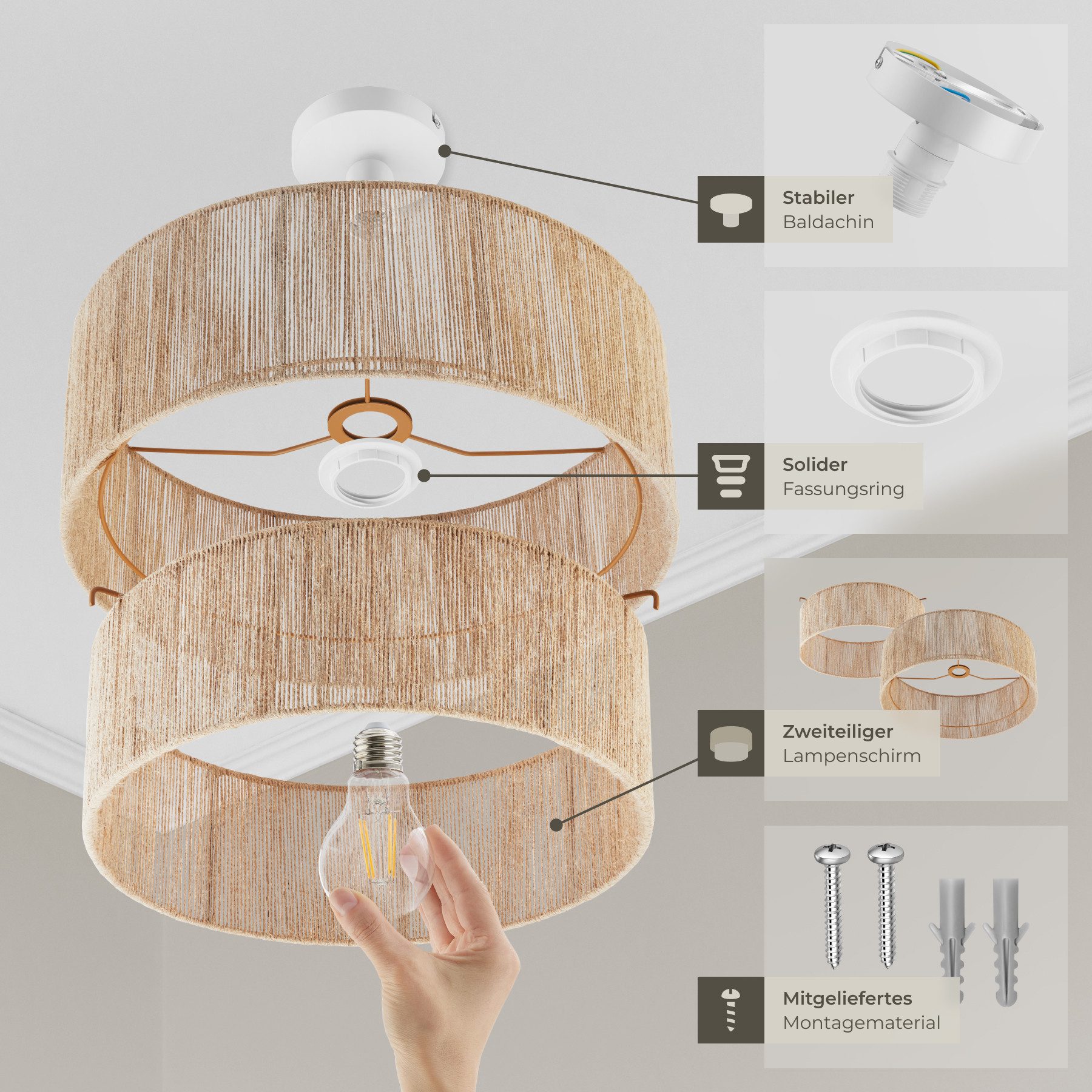 tectake Deckenleuchten Boho Jute-Lampe „Lignea Lux“ – Hängelampe aus Naturfaser 40W, Kunstvolle Leuchte mit 2-stufigem Lampenschirm im schicken Boho-Stil