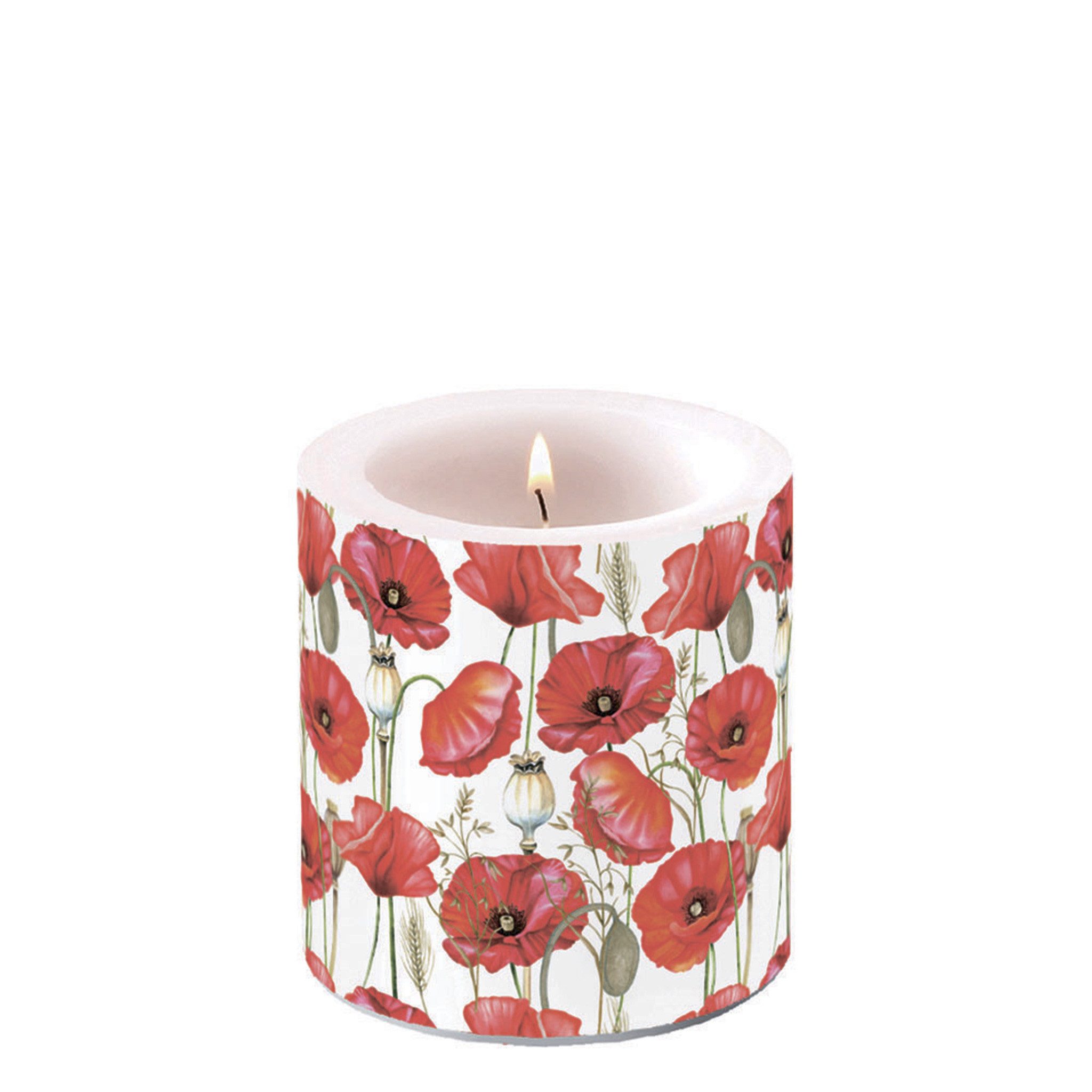 Ambiente Luxury Paper Products Stumpenkerze, Stumpenkerze Paraffin 7,5x9cm mit Mohnblumen Motiv Weiß / Rot