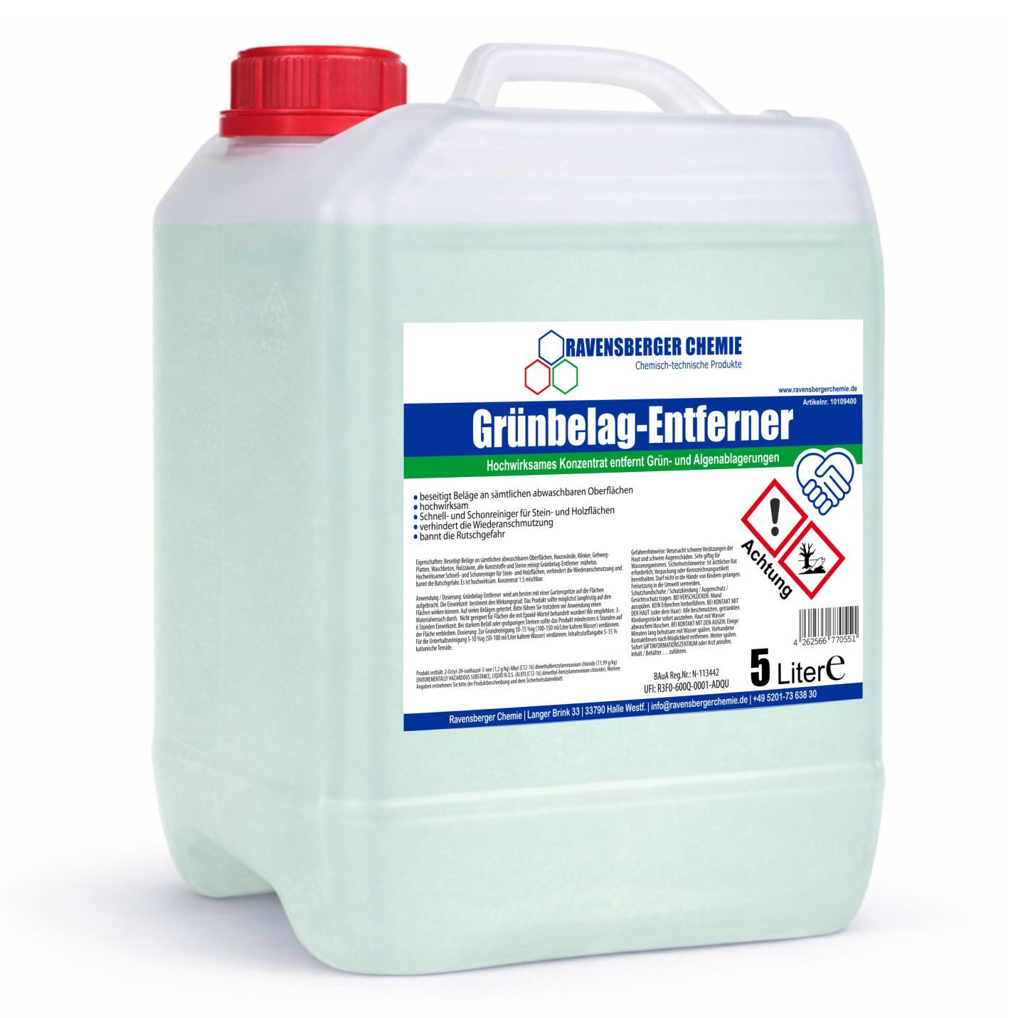 Ravensberger Chemie Grünbelag-Entferner Konzentrat - 5 Liter Kanister Grünbelagentferner (5 Liter Kanister von Ravensberger Chemie - Ergiebiges Konzentrat - Gegen Algen & Grünbelag außen)