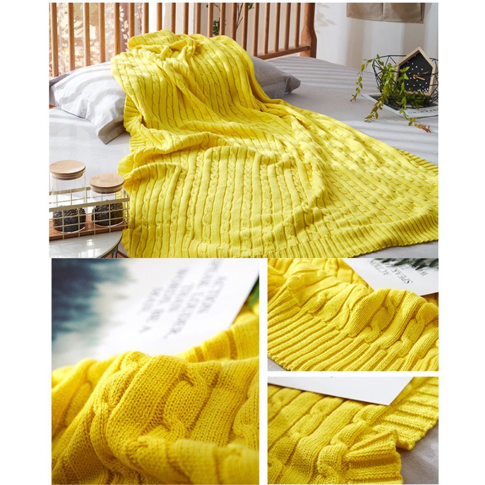 Wolldecke, gestrickte gelb Baumwollgewebe Schlafdecke, zggzerg, Weiche Einschlagdecke Sofadecke,