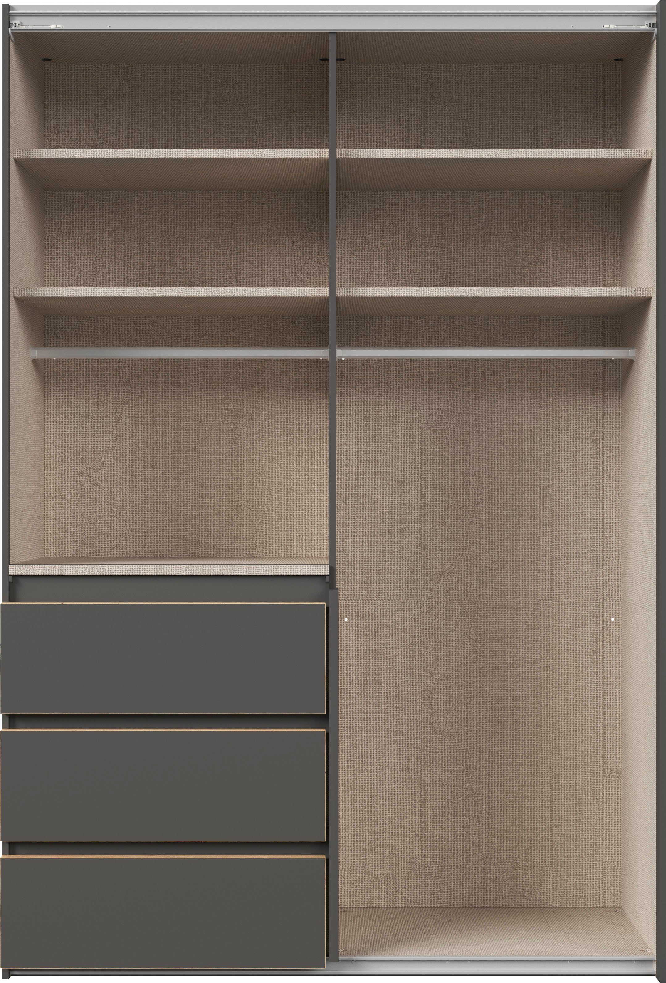 und Selbsteinzug Yubari Schwebetürenschrank Schubkästen grifflose Front, mit Dämpfung Graumetallic rauch