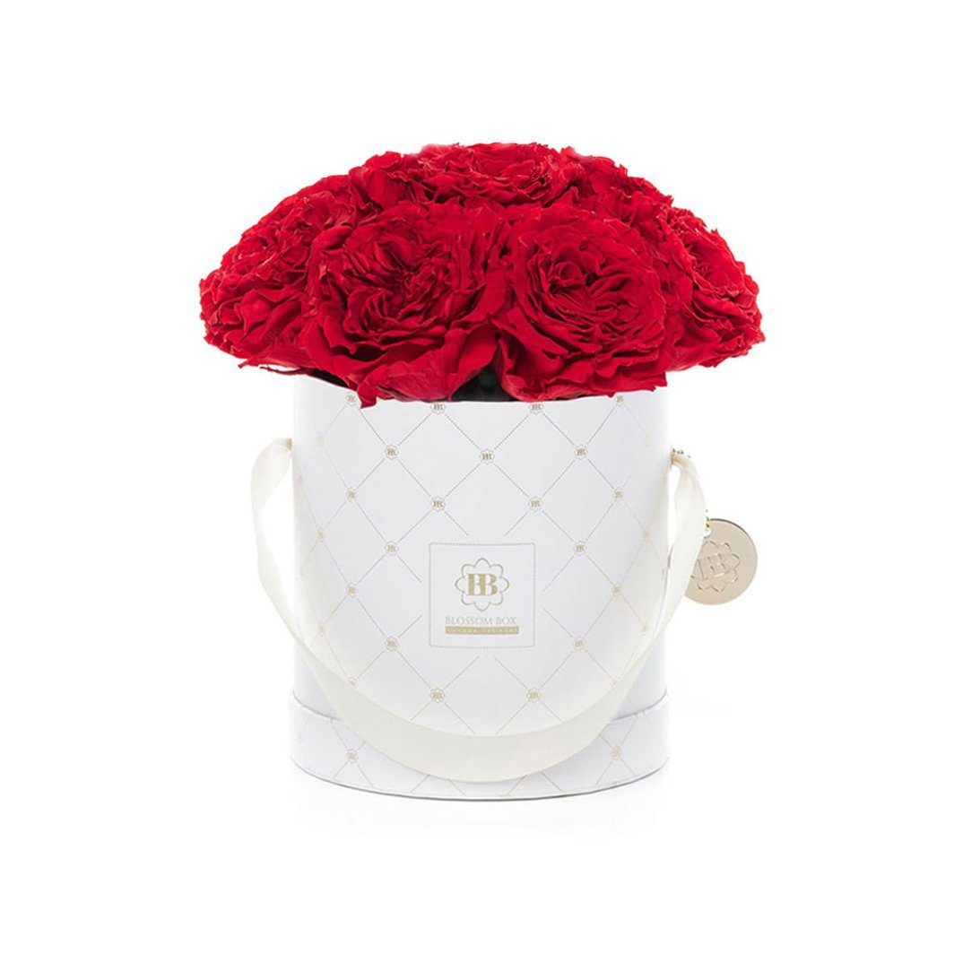 Deckel - mit MARYLEA, Geschenkidee zum Blossom Rote Premium Accessoire White Flowertopper Hutbox Muttertag: inkl. Karte, Box Trockenblume als Gartenrosen und inkl.