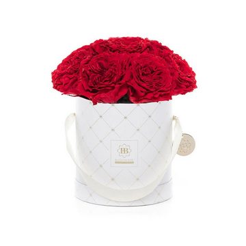 Trockenblume Geschenkidee zum Muttertag: Blossom Box - Premium White Rote Gartenrosen inkl. Flowertopper und Karte, MARYLEA, inkl. Hutbox mit Deckel als Accessoire