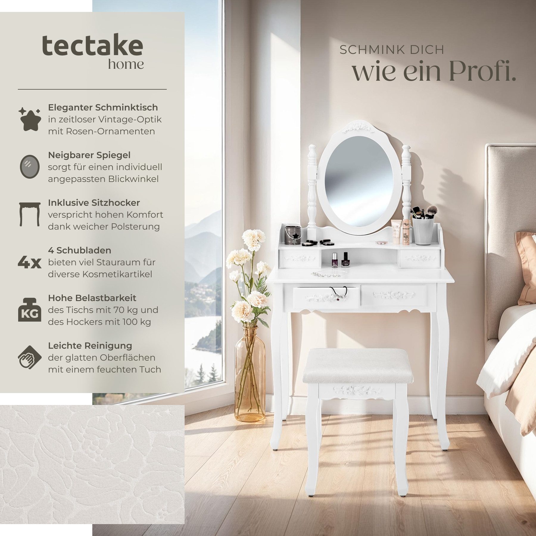 tectake Schminktisch Frisiertisch mit Spiegel und Hocker im Antik Look (1-S günstig online kaufen