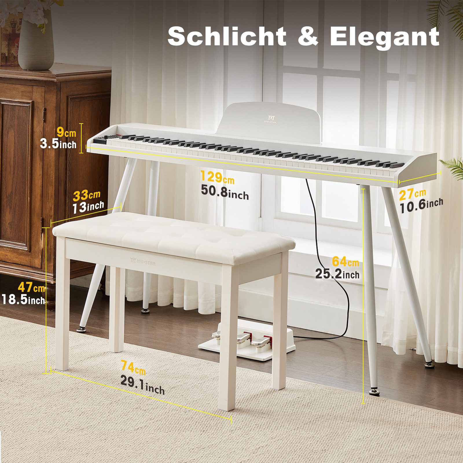 MUSTAR Digitalpiano mit 88 anschlagdynamischen Tasten, Klavierhocker und 3 Pedaleinheiten (mit Klavierbank), Portables E-Piano in voller Größe mit MIDI-USB und Ständer