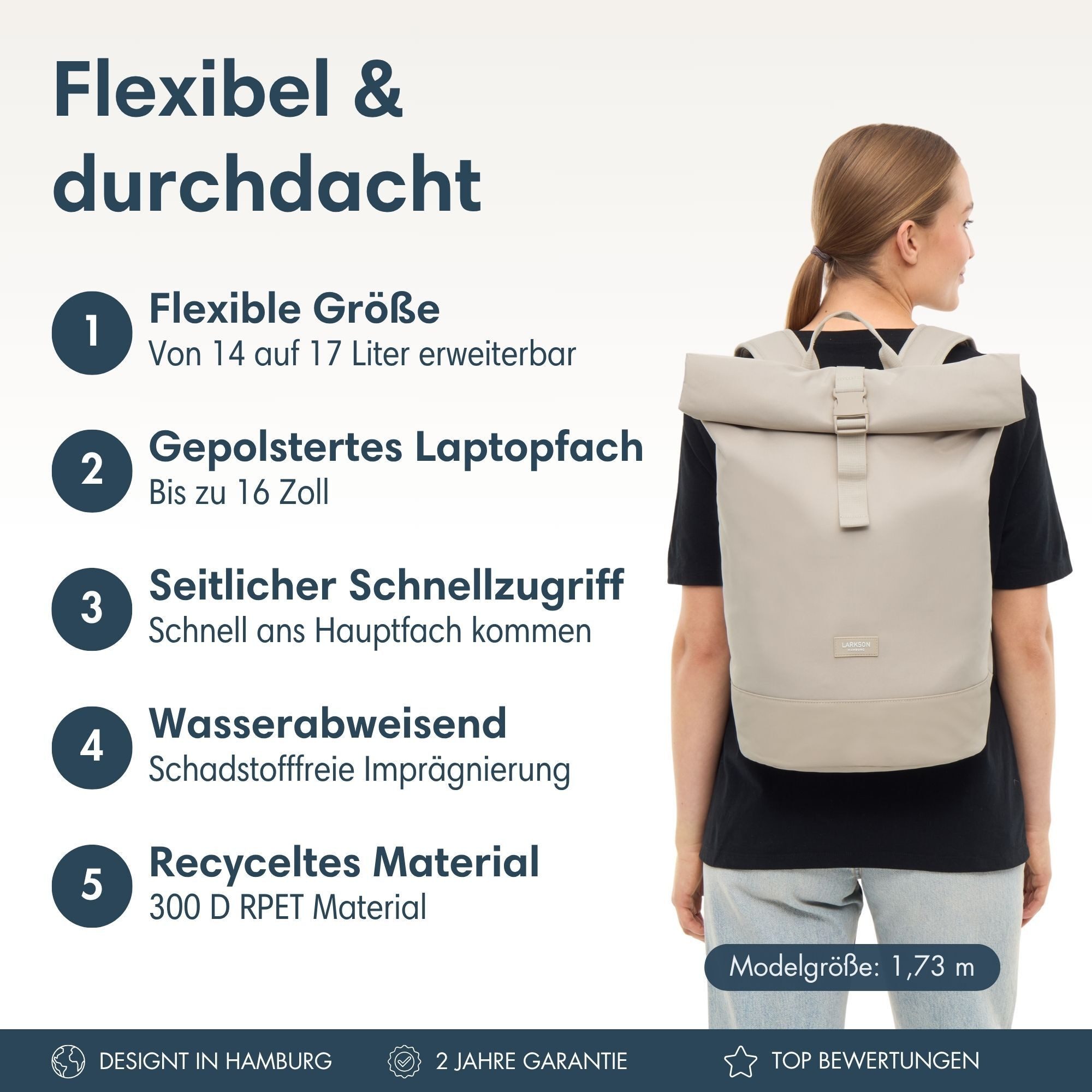 LARKSON Cityrucksack Janne Tagesrucksack 14-17 Liter für Damen & Herren (1-tlg), Flexible Größe, Gepolstertes Laptopfach, Wasserabweisend