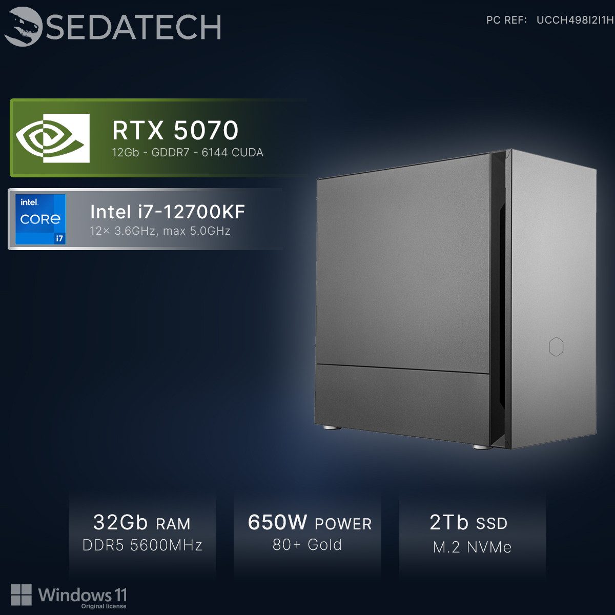 Sedatech UCCH498I2I1HF - Gaming-PC (Intel Core i7 12700KF 12x 3.6GHz (max 5.0GHz), Geforce RTX5070 12GB, 32 GB RAM, 2000 GB SSD, Wlan 6E)
