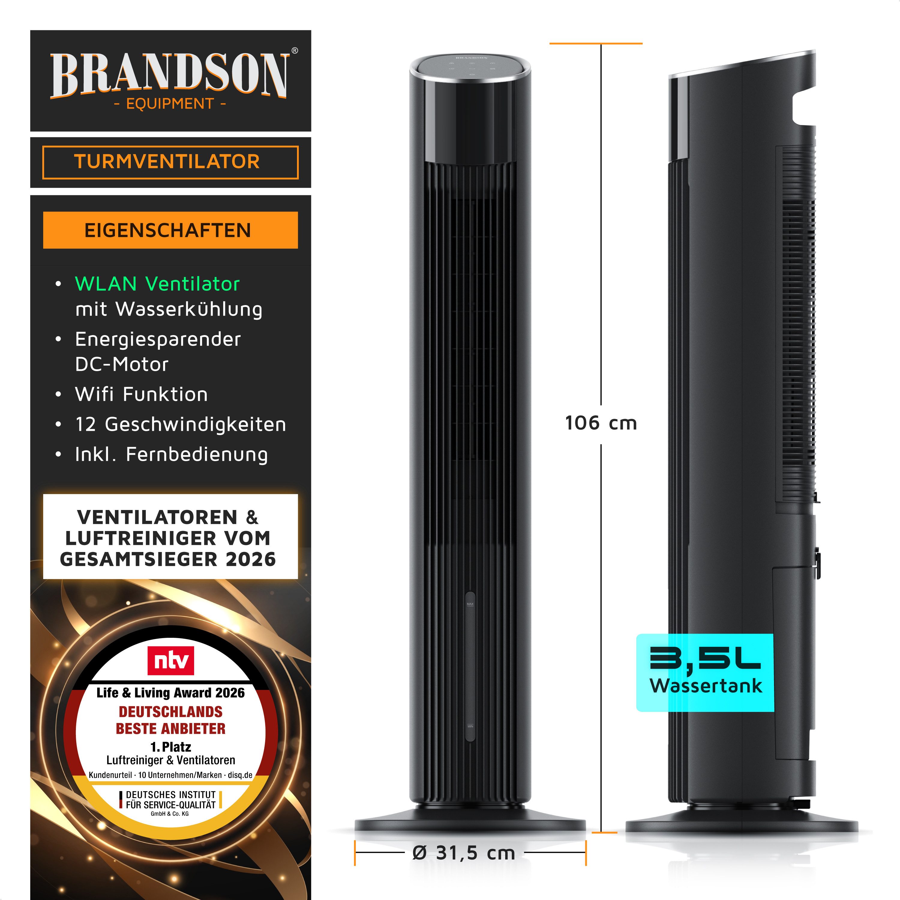 Brandson Ventilatorkombigerät mobiler Luftkühler mit Wasserkühlung, Klimagerät, 60W, NTV Sieger 2026, WIFI Luftbefeuchter, Verdunstungskühler, ECO DC-Motor, Turmventilator