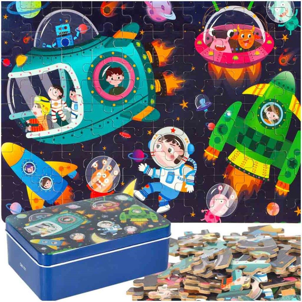 Ikonka Puzzle 2 in 1 Puzzle Dinosaurier Weltraum Puzzle 100 Teile in Metalldose, 100 Puzzleteile, Holzpuzzle mit doppelseitigem Design und Metalldose.