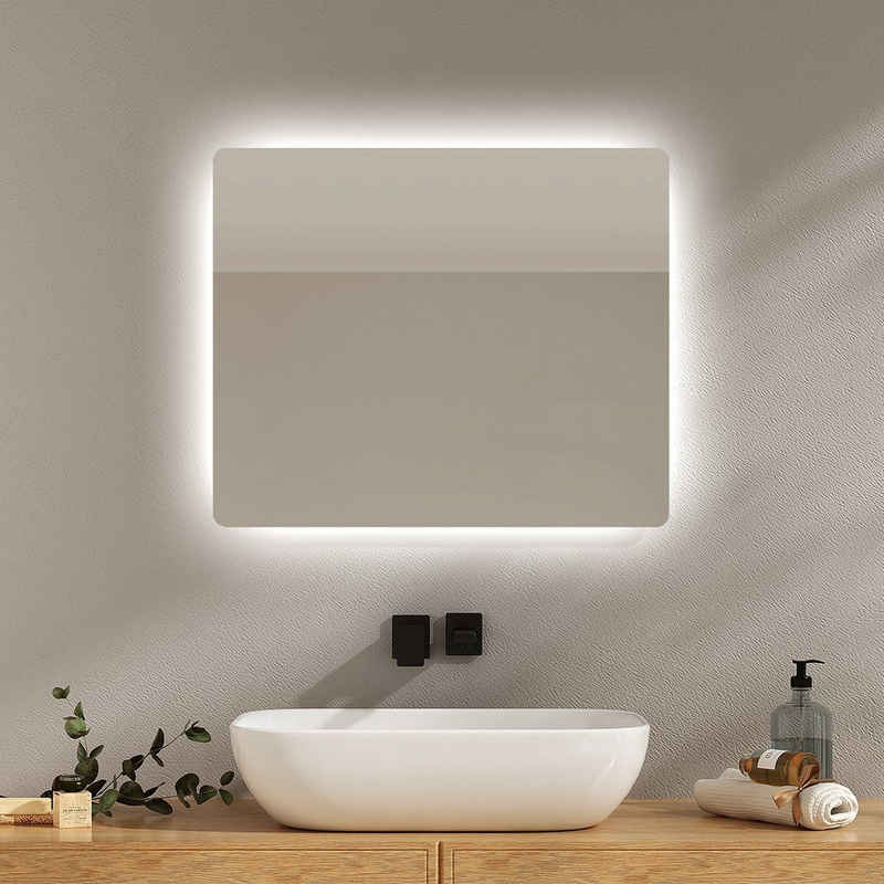 EMKE LED-Lichtspiegel Wandspiegel mit Beleuchtung LED Badspiegel Klein mit Beschlagfrei, 2 Lichtfarbe Warmweiß/Kaltweiß, Knopfschalter, IP44