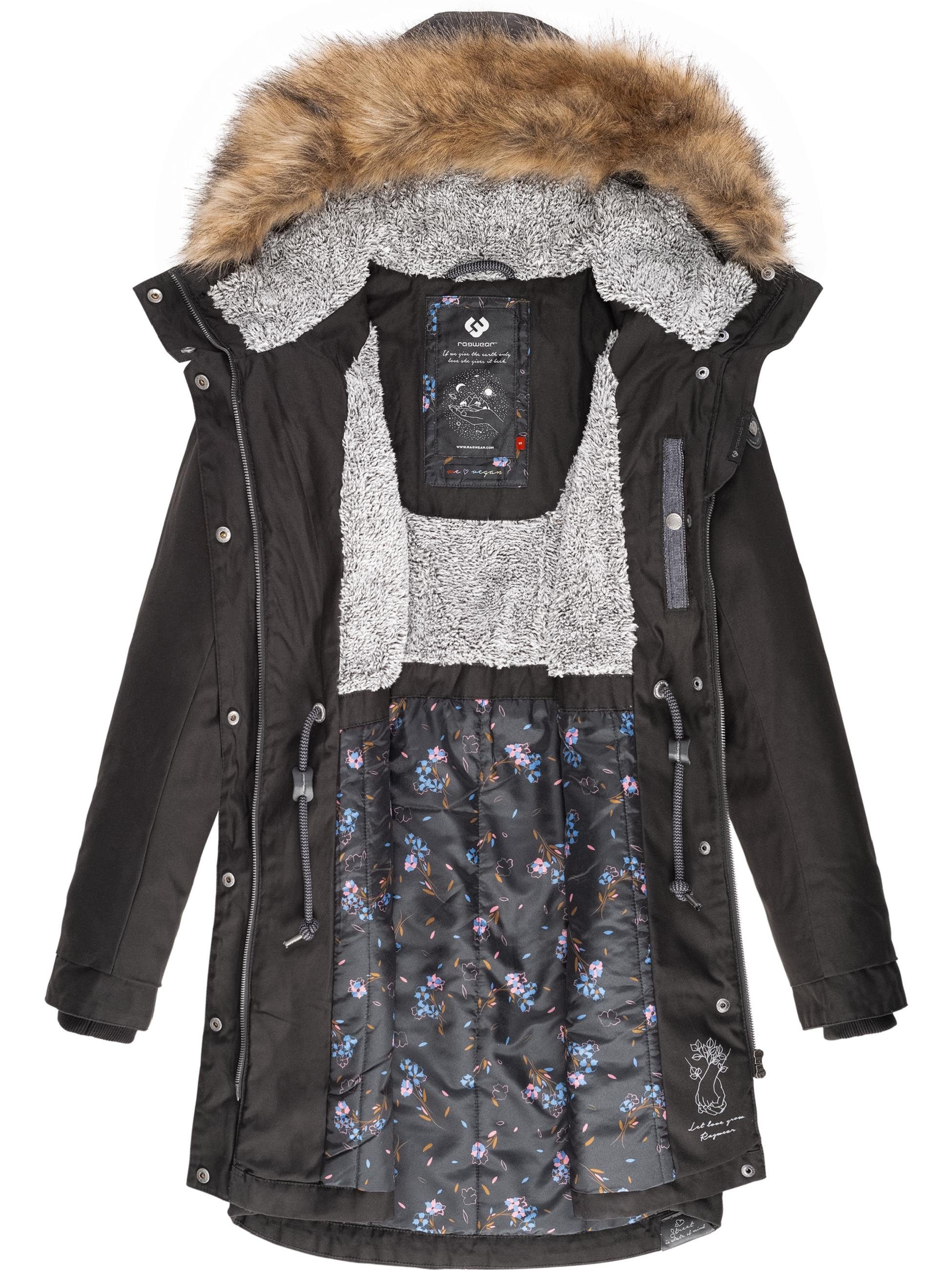 Ragwear großer mit stylischer Winterparka und Schwarz Wintermantel Kapuze Tawny Kunstfellkragen