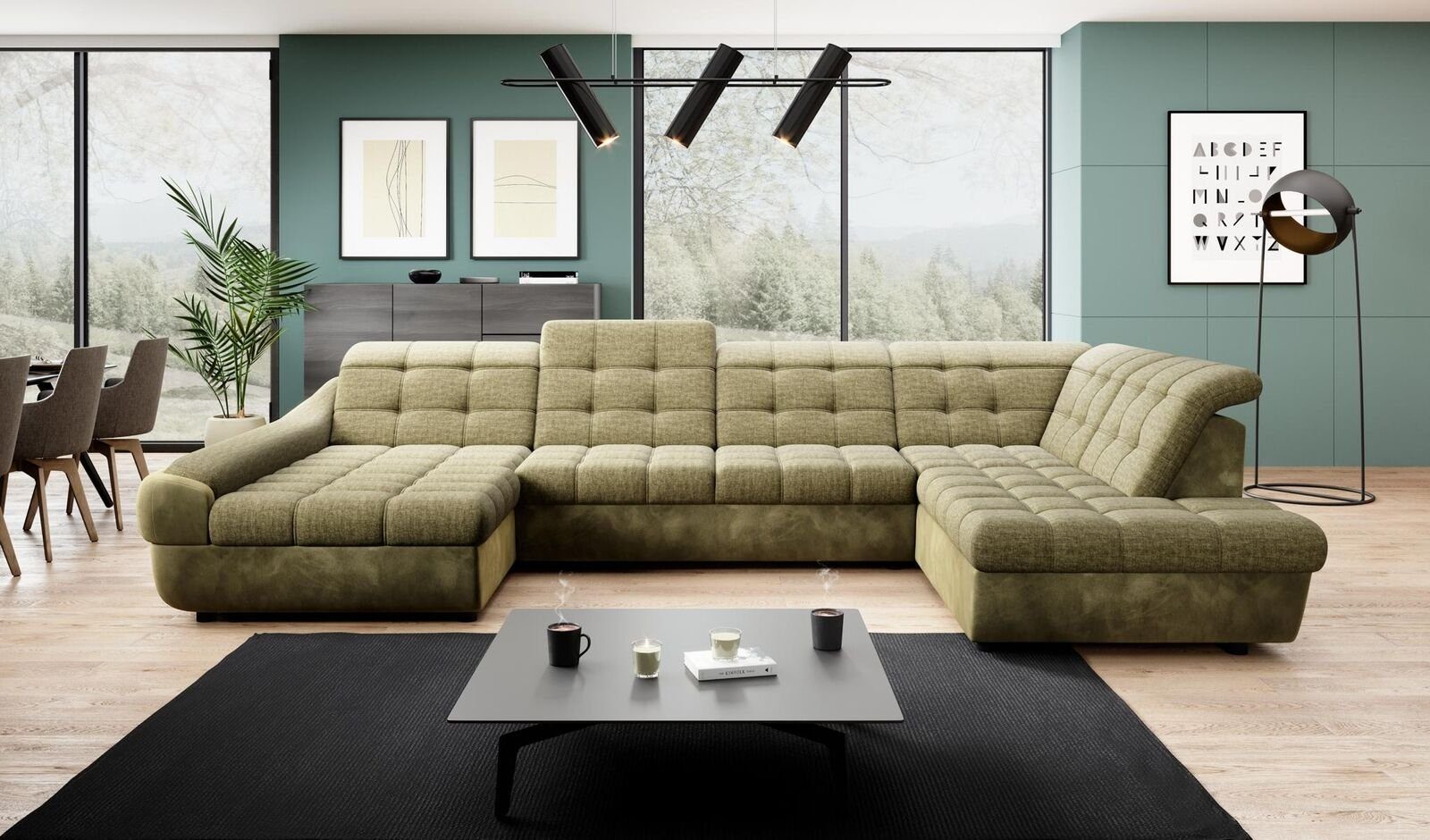 Sofas Ecksofa U Sofa Design Form Ecksofa, Couch Grün Garnitur JVmoebel Polster Wohnlandschaft