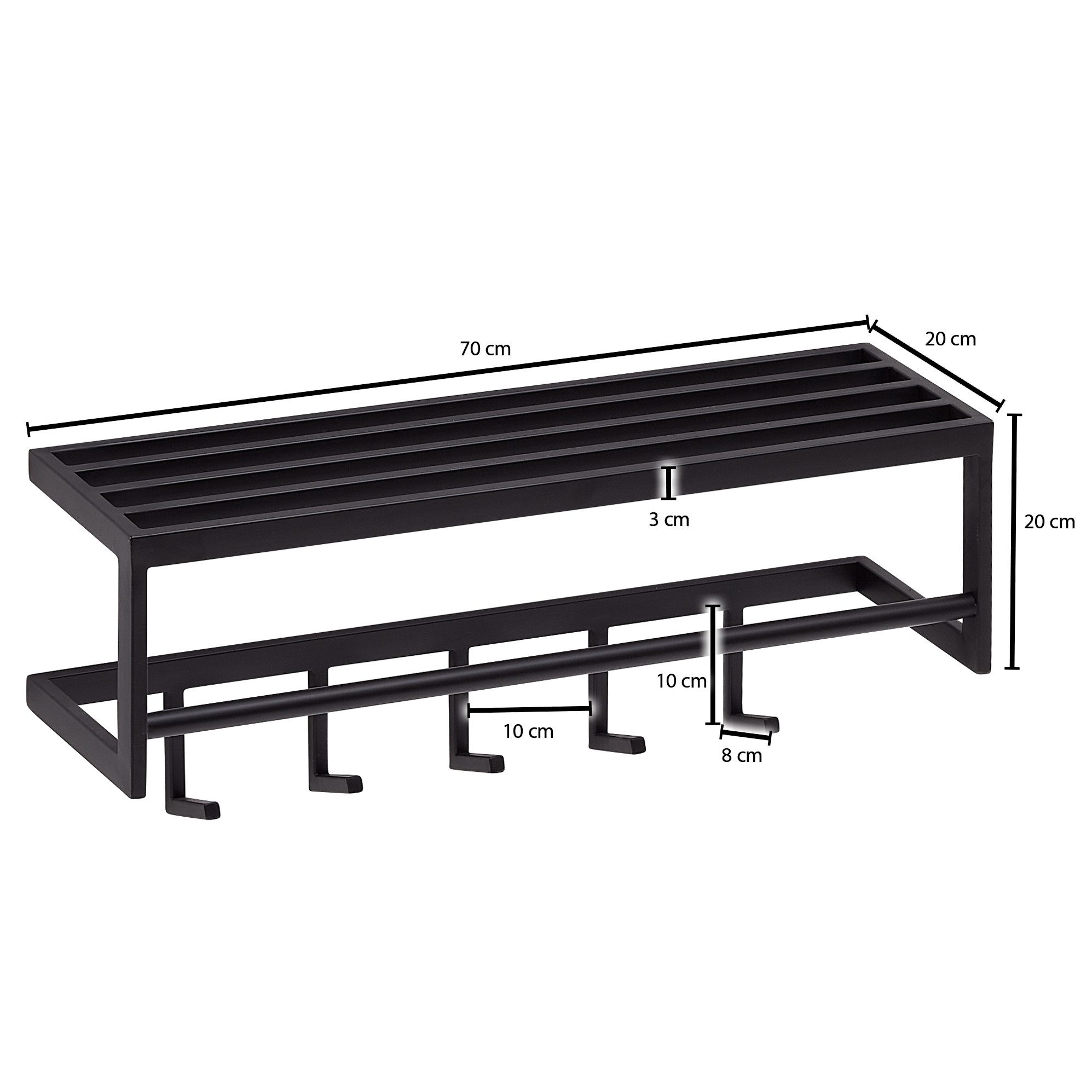 FINEBUY Wandgarderobe FB73701 Garderobe Metall 70 cm Schwarz Flur Hakenleiste (Metall Schwarz 70x20x20 cm mit Ablage Modern), Garderobe Wand Stahl, Flurgarderobe Modern