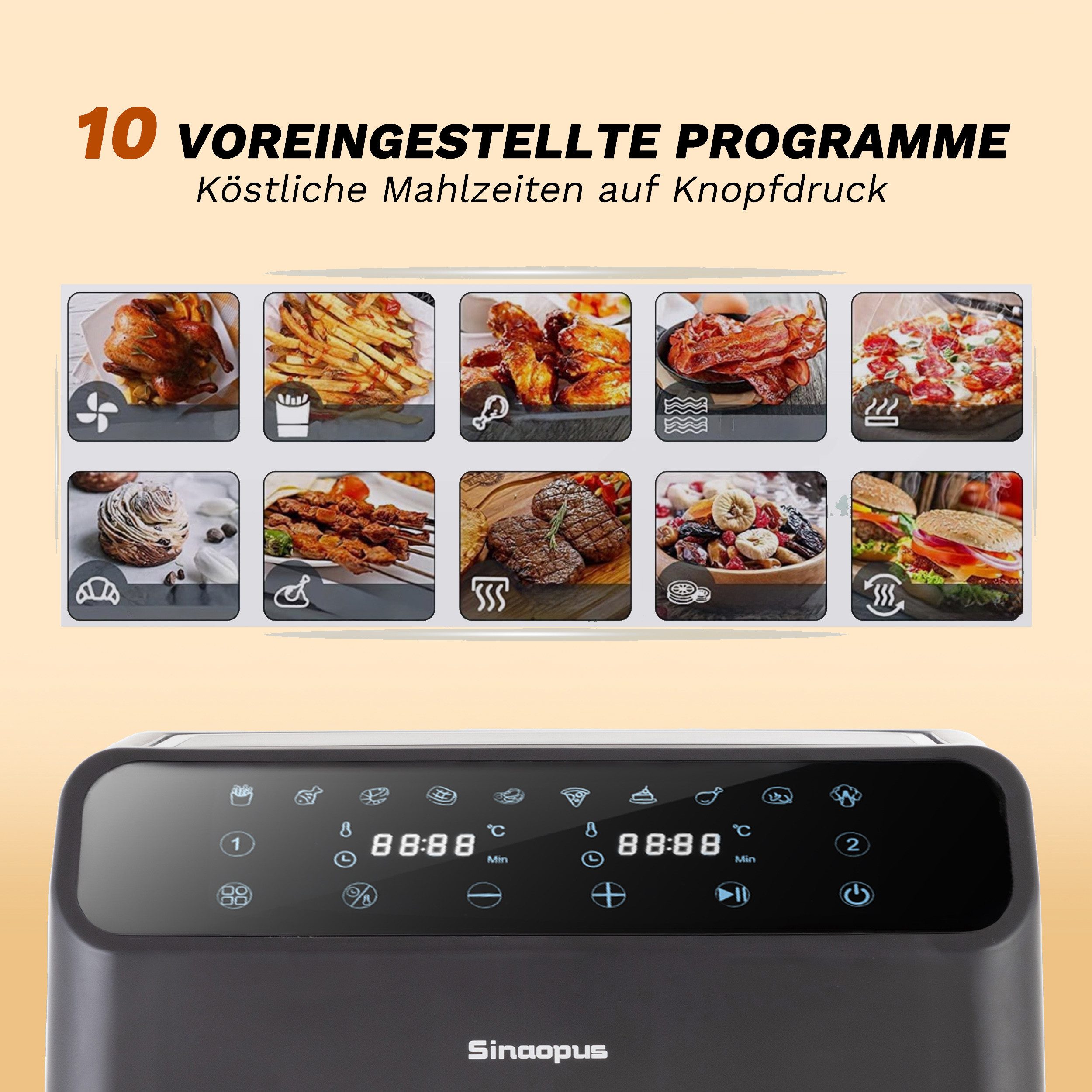 Sinaopus Heißluftfritteuse gesunde Fritteuse 901A Heissluftfritteuse mit Doppelkammer, XL, 2000,00 W, 9L Kapazität, mit LED-Touchscreen und transparentem Sichtfenster