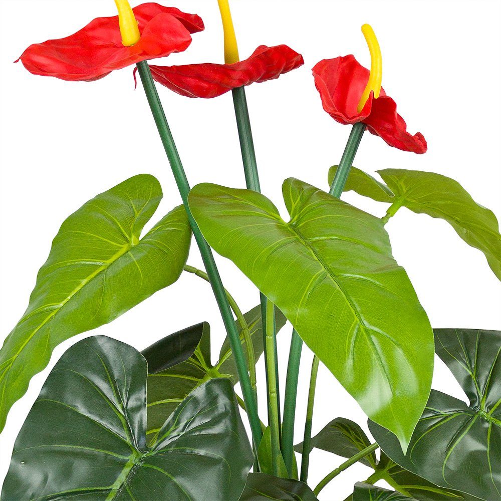 Kunstblume 90 Kunstpflanze mit Anthurie Pflanze cm Flamingoblume Decovego, 90cm, Blüten Künstliche Höhe