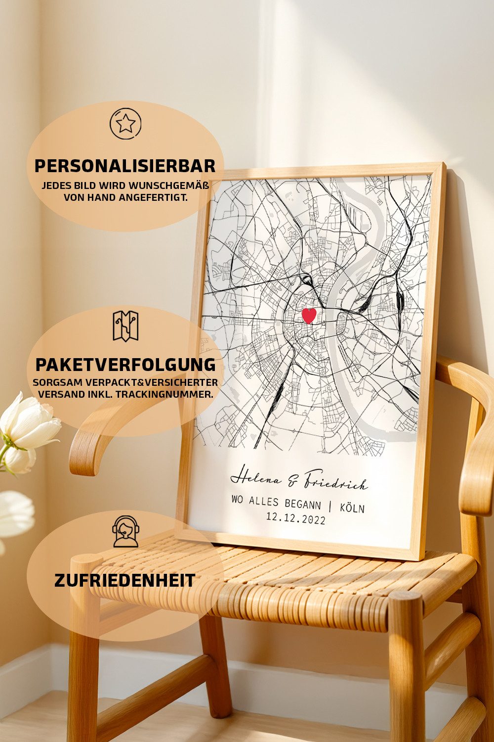Adel Home Decor Wandbild Personalisierte Stadtkarte mit Namen & Datum – A3/A4 Poster