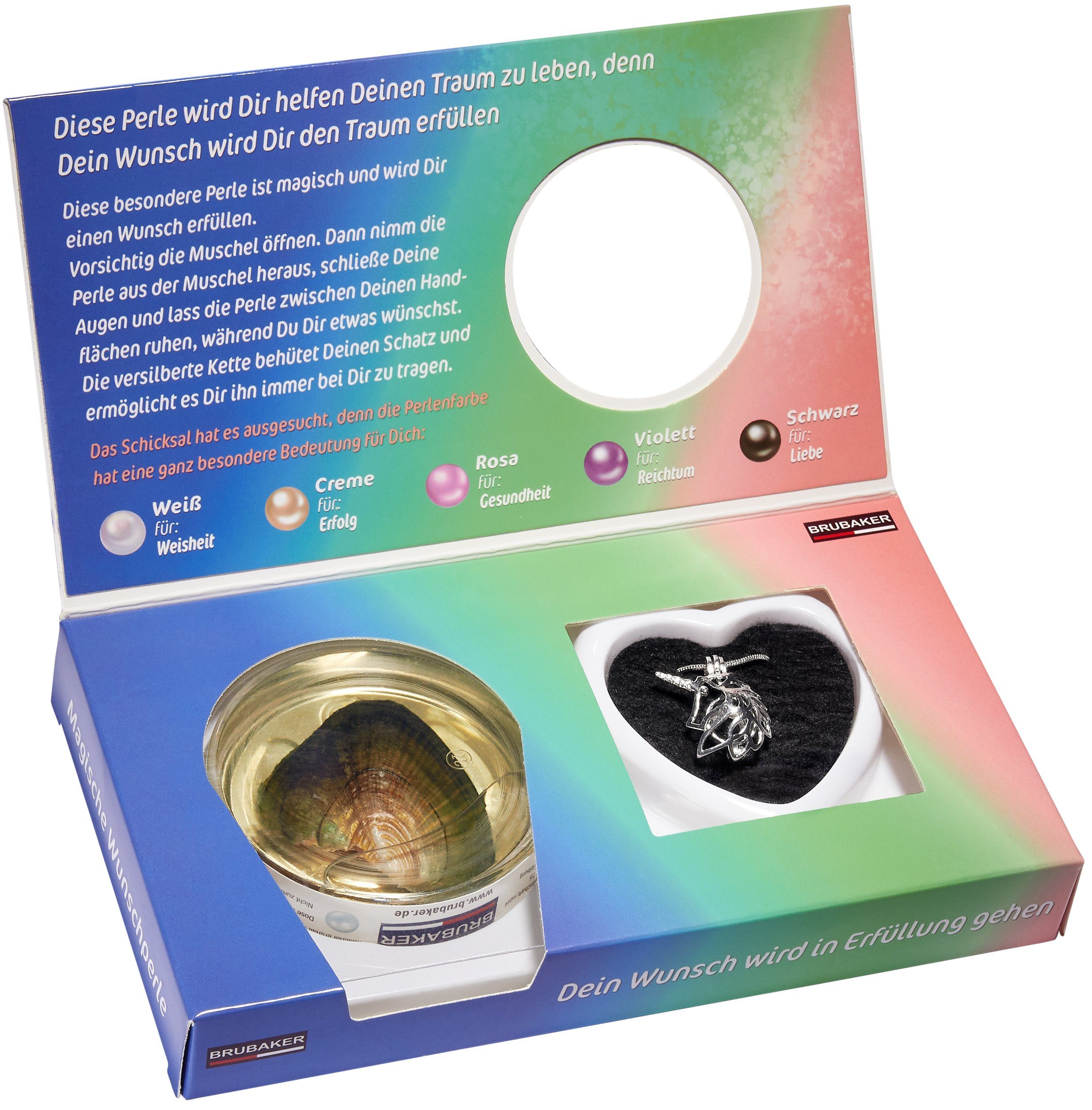 BRUBAKER Perlenketten-Set Wunschperle für die Erfüllung von Wünschen (4-tlg., Geschenkset mit Silberkette und Muschel), Halskette Wunschtraumperle mit Einhorn Anhänger und echter Perle