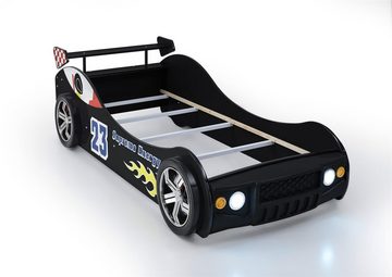 möbelando Autobett Letta, Autobett mit LED-Beleuchtung 90 x 200 cm - Aufregendes Auto Kinderbett für kleine Rennfahrer in Schwarz - 105 x 60 x 225 cm (B/H/T)